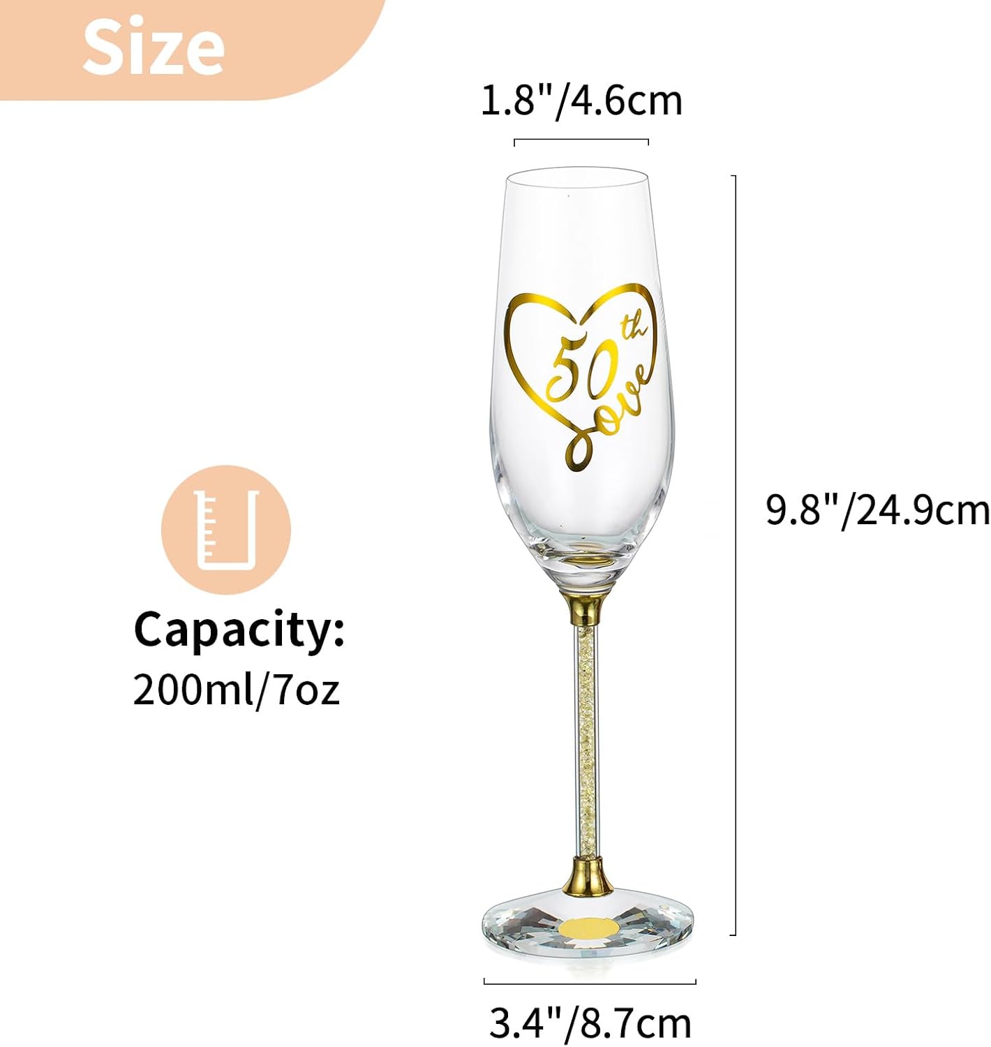 NUPTIO Copas de champán del 50 aniversario juego de 2 copas de brindis de cristal dorado con caja de regalo de madera, copa de vino grabada para