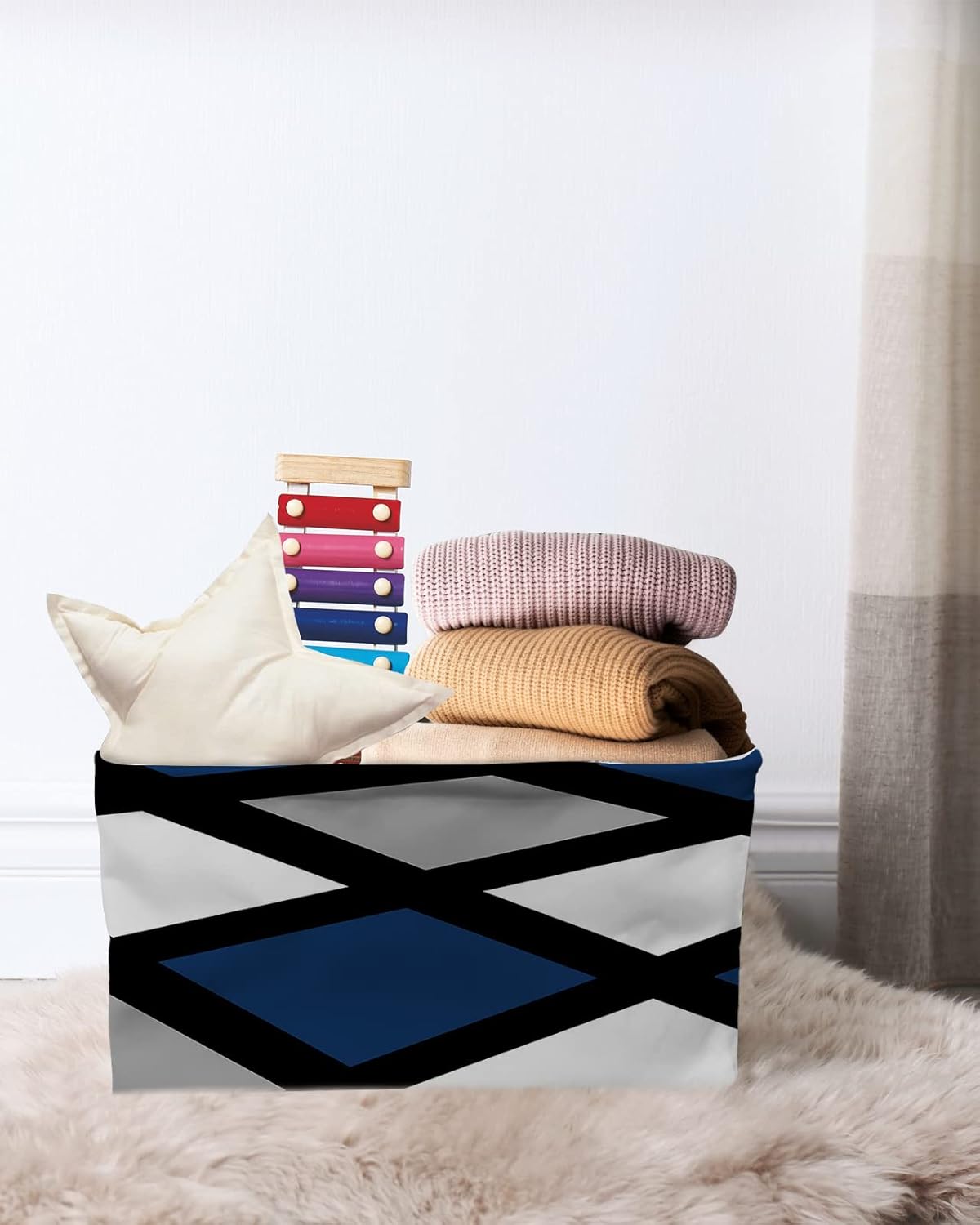 Cesta de almacenamiento de color azul marino y gris para organizar estantes, cajas de almacenamiento plegables con asa, arte abstracto geométrico