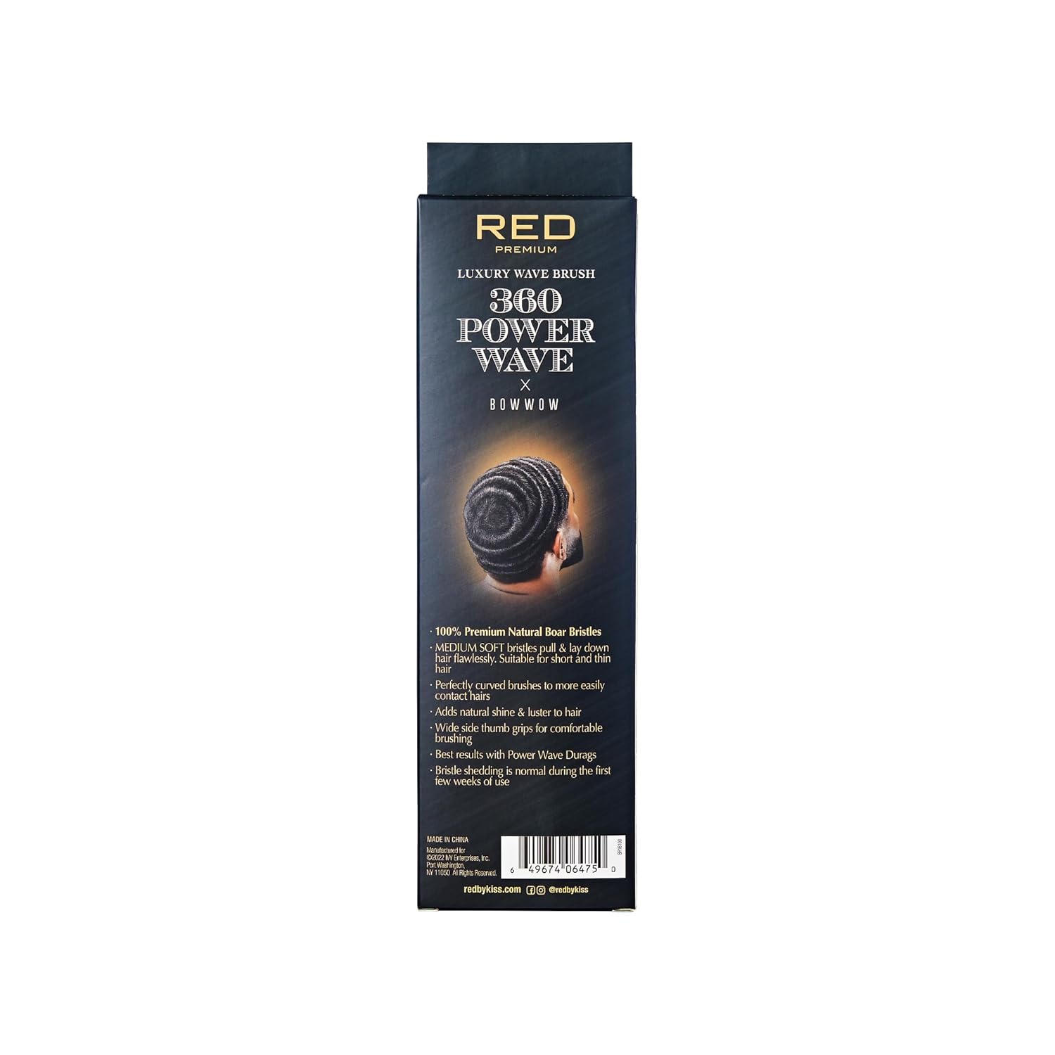 Cepillo de calidad superior RED by KISS 360 Power Wave X Bow Wow, cerdas de jabalí 100 % naturales de primera calidad, medio suave