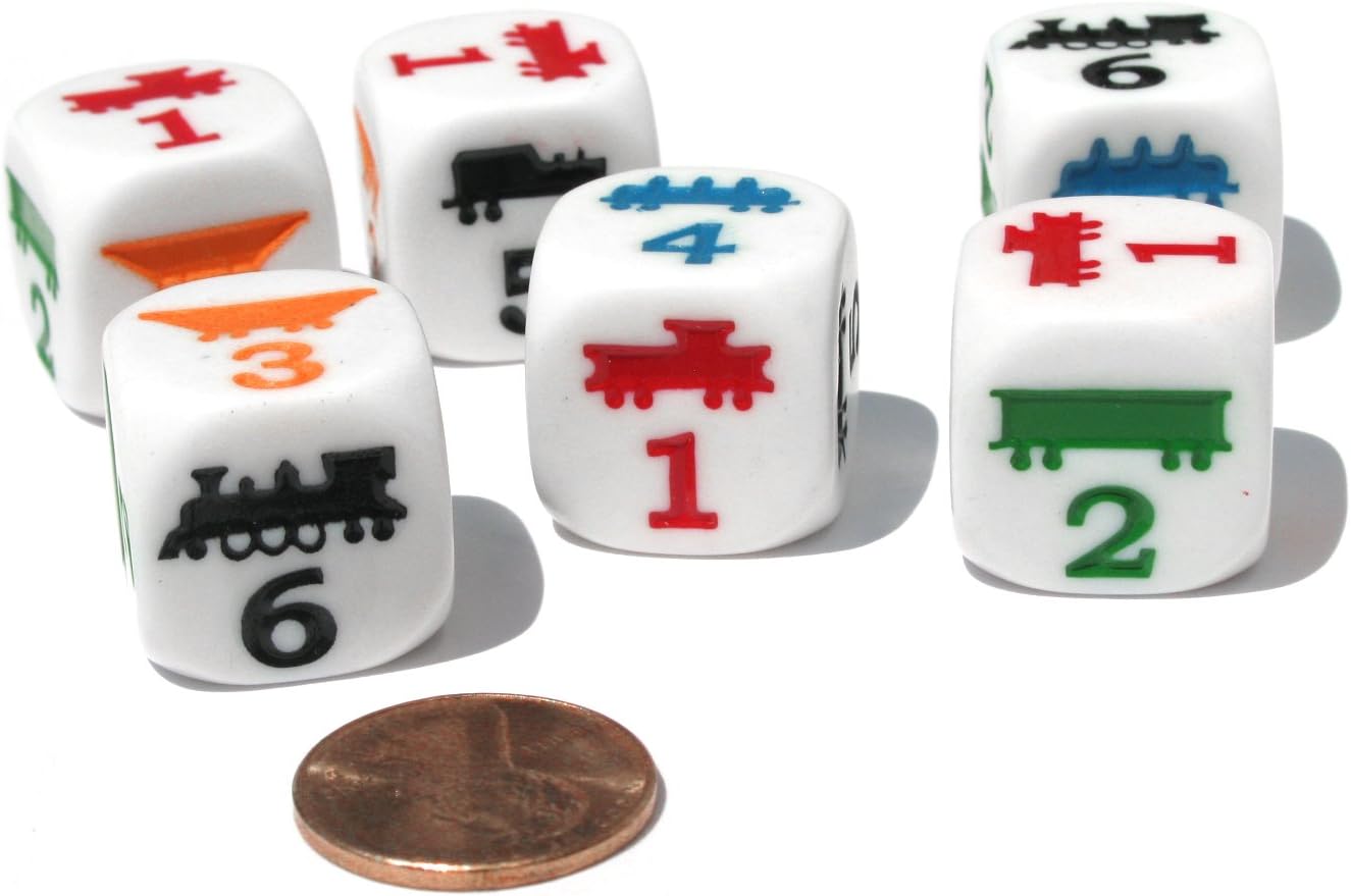 Juego de 6 dados Koplow de 0.709in D6 de borde redondeado, color blanco con grabados multicolor