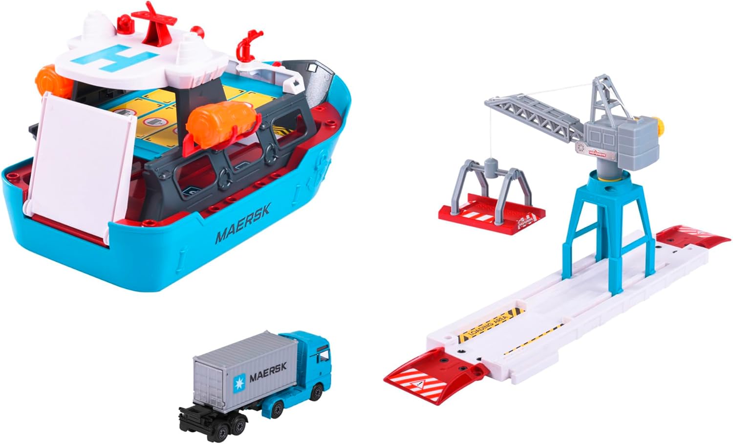 Majorette – Creatix Toy Port with Container Ship – Maersk Logistics Port Station (45 x 29 x 24 cm) with Cargo Ship, Moving Crane and Man Truck with