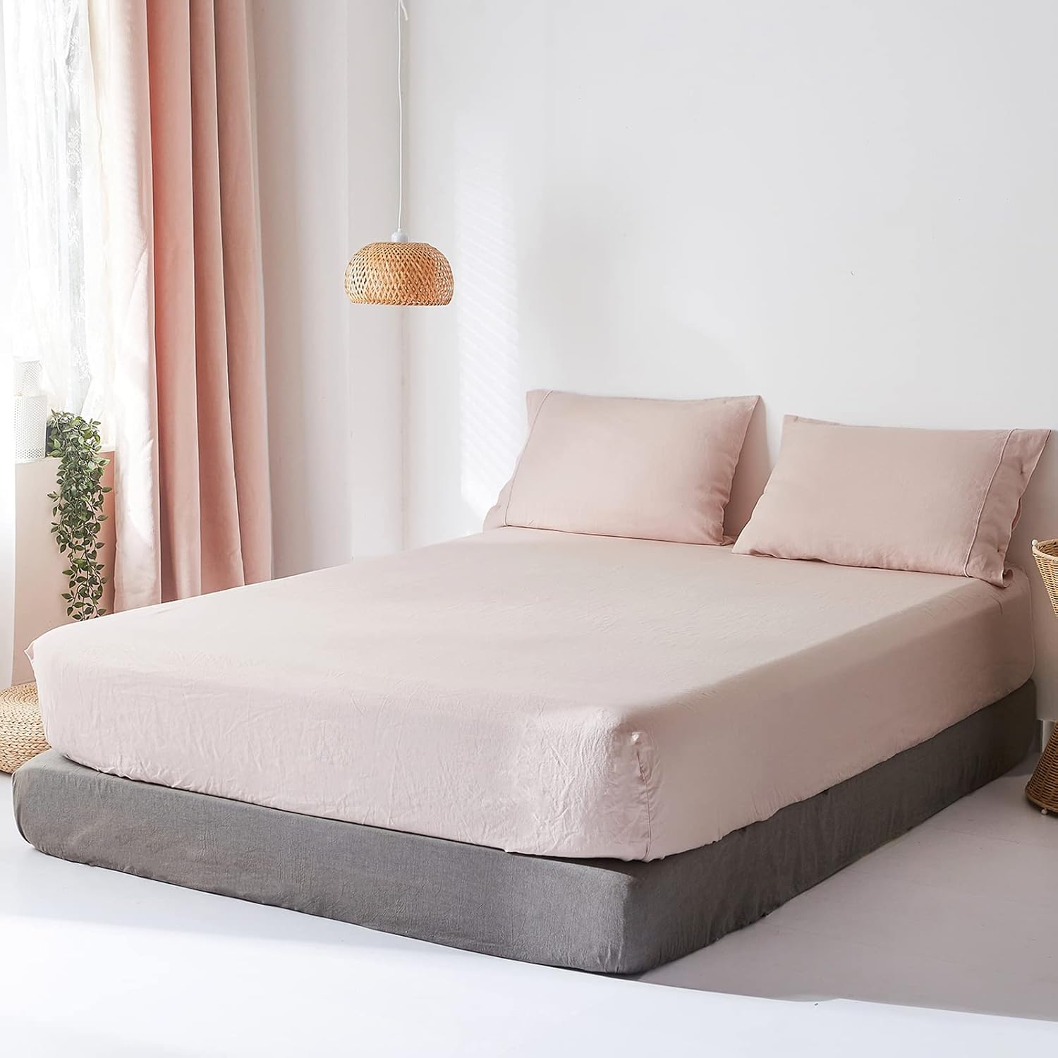 King Linens Sábana bajera de 100 % lino lavado a la piedra, color sólido  (1 pieza) funda de colchón de 14 pulgadas de profundidad suave, natural y
