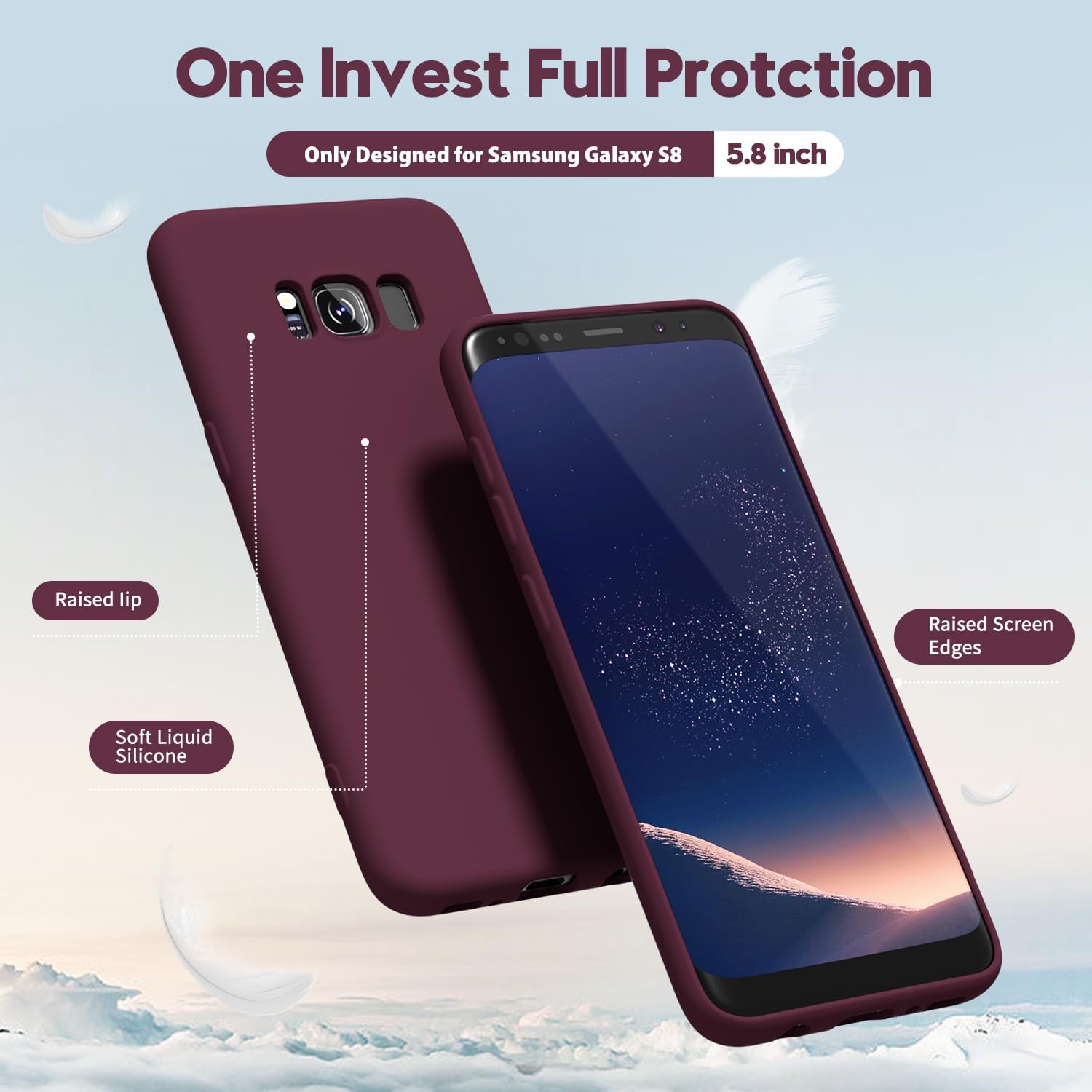 oakxco Funda para teléfono Samsung Galaxy S8 con agarre de silicona líquida, bonita funda delgada y delgada de goma suave de TPU para mujeres y