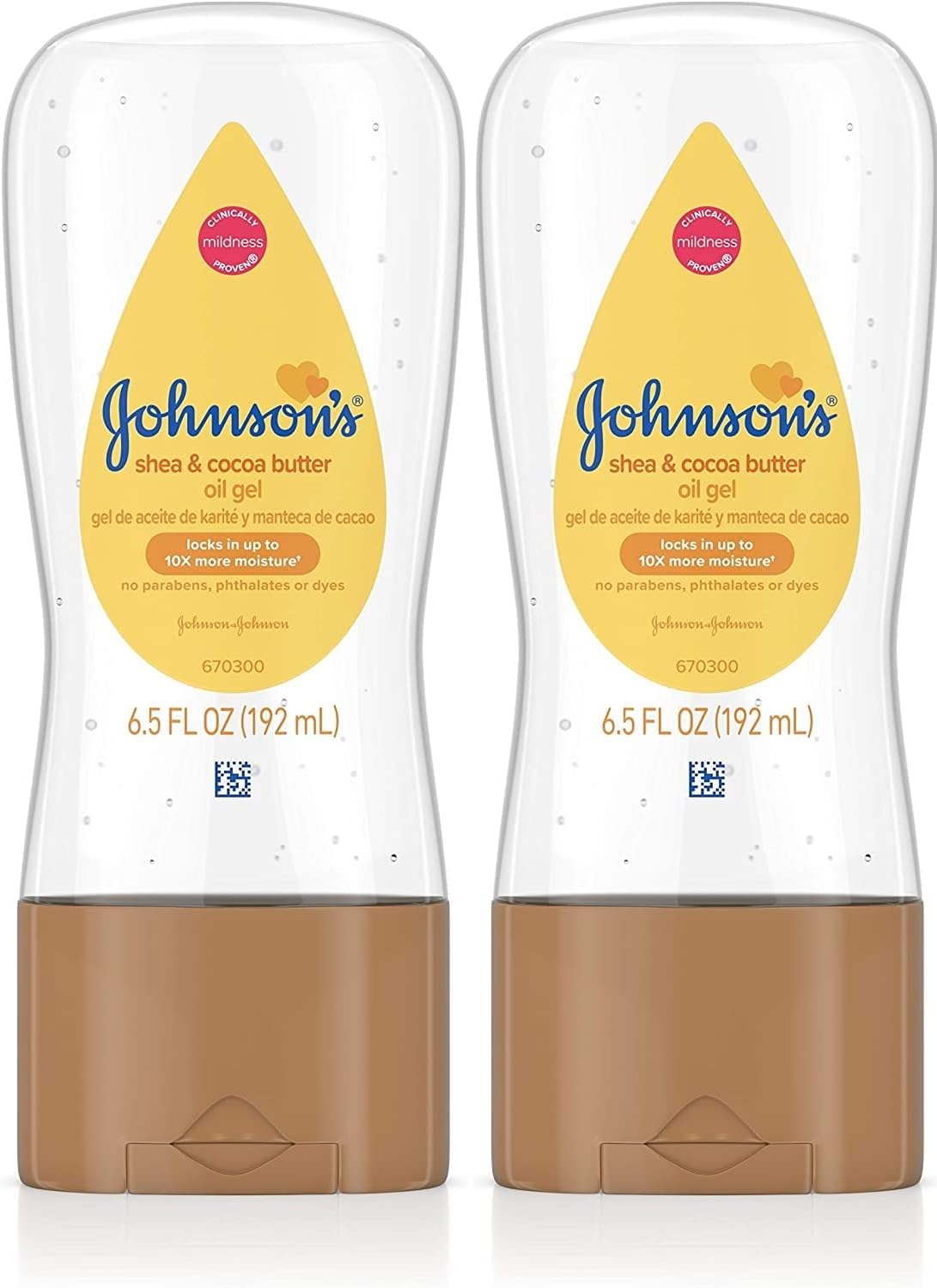Johnson’s – Gel de aceite para bebé enriquecido con manteca de karité y cacao, ideal para masaje de bebés, 6.5 onzas líquidas (paquete de 2)