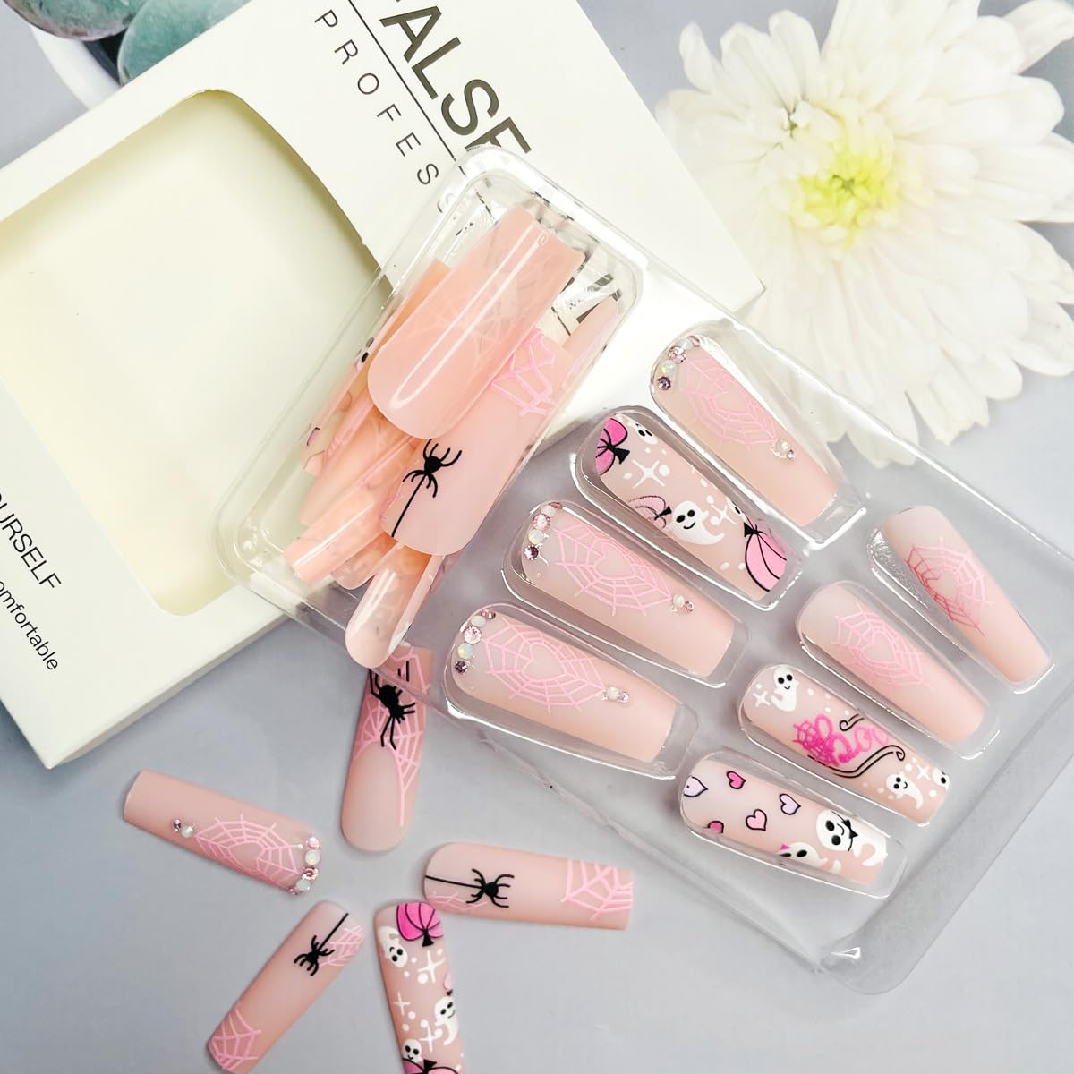 24 uñas postizas largas a presión de Halloween con diamantes de imitación, diseño de murciélago y calabaza, cobertura completa, uñas postizas rosas
