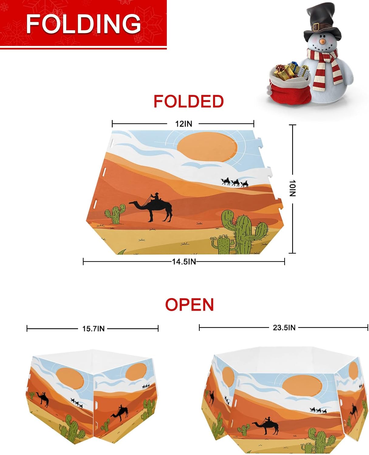 Christmas Tree Collar 4PCS-14.5″x 10″, Christmas Tree Ring Cartoon Cactus and Camel Under The Clouds Blue Christmas Tree Stands Skirts Base Covers