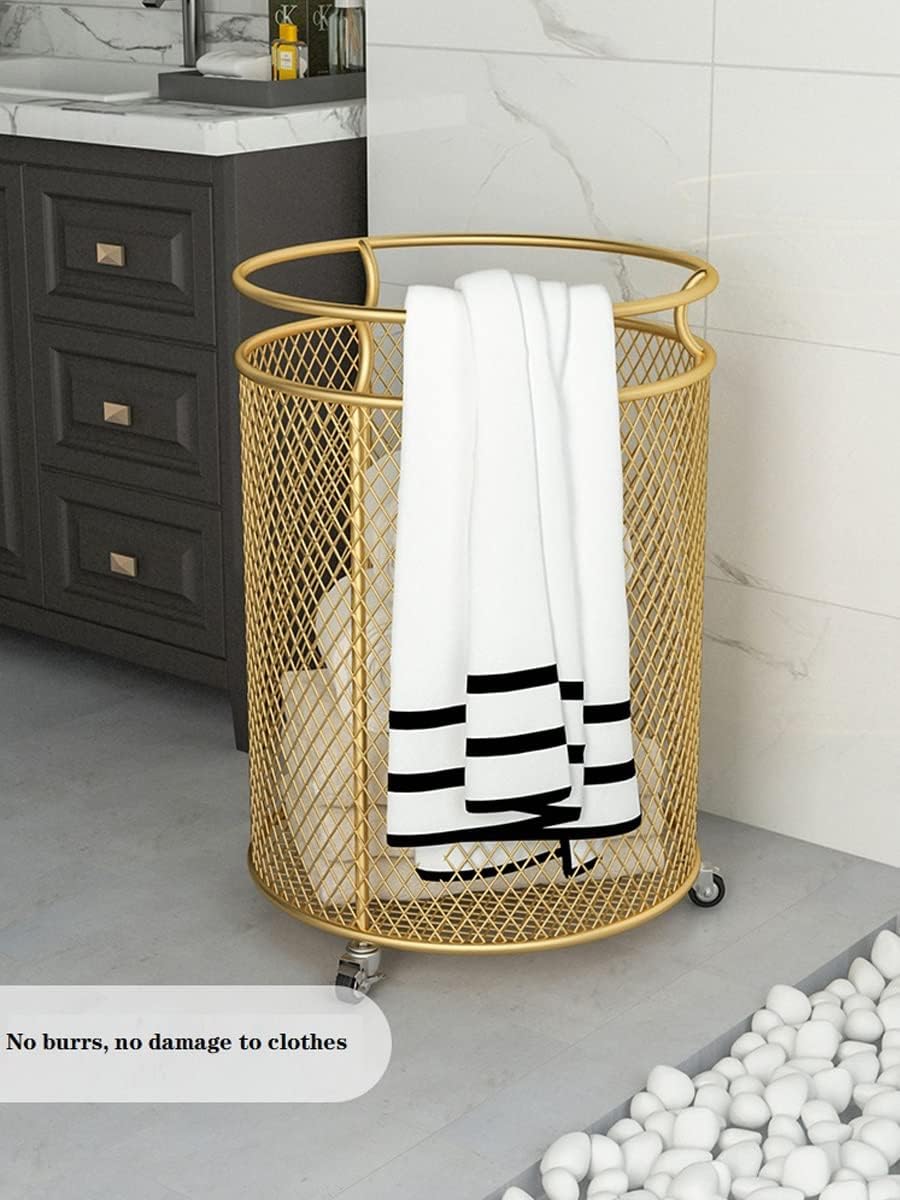Cesta de lavandería con ruedas, cesta de metal para organizador de habitaciones, contenedores de almacenamiento de ropa sucia de malla redonda para