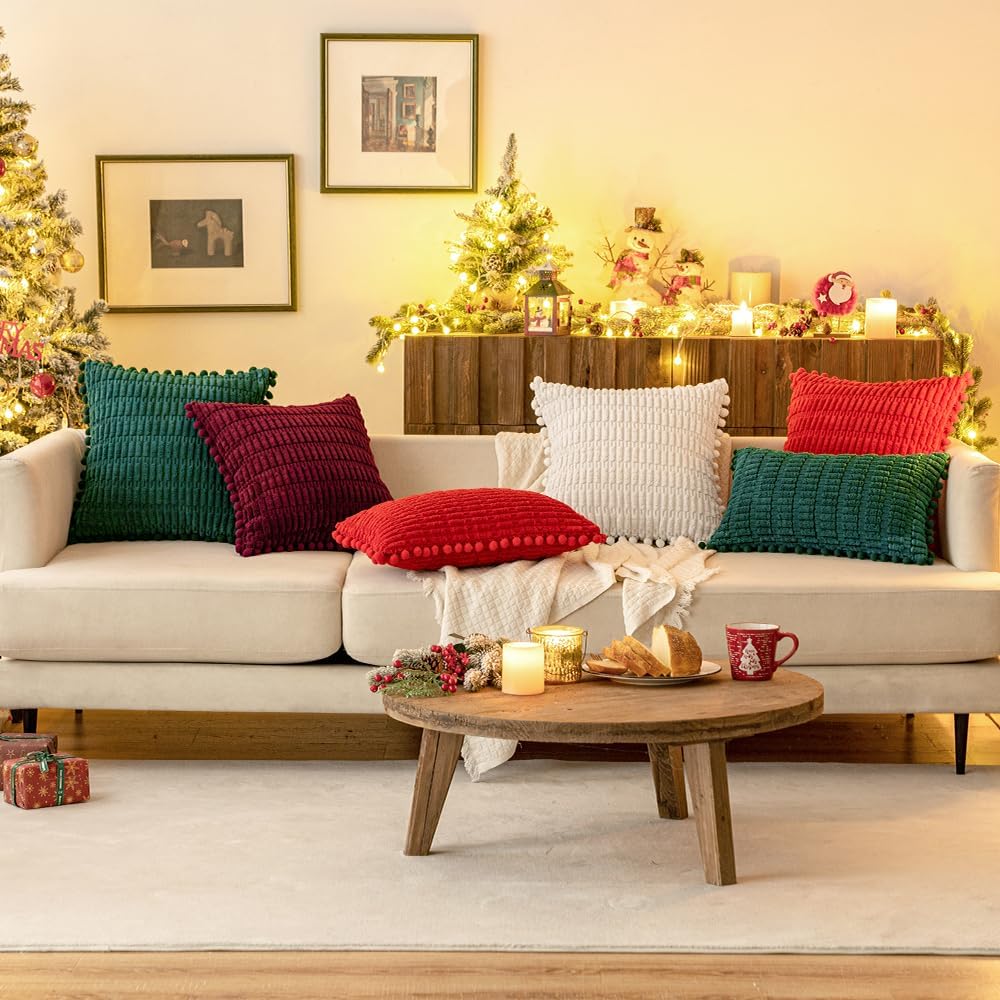MIULEE Juego de 2 fundas de almohada decorativas de pana roja, con pompones, suaves, bohemias, a rayas, modernas, para decoración del hogar, para