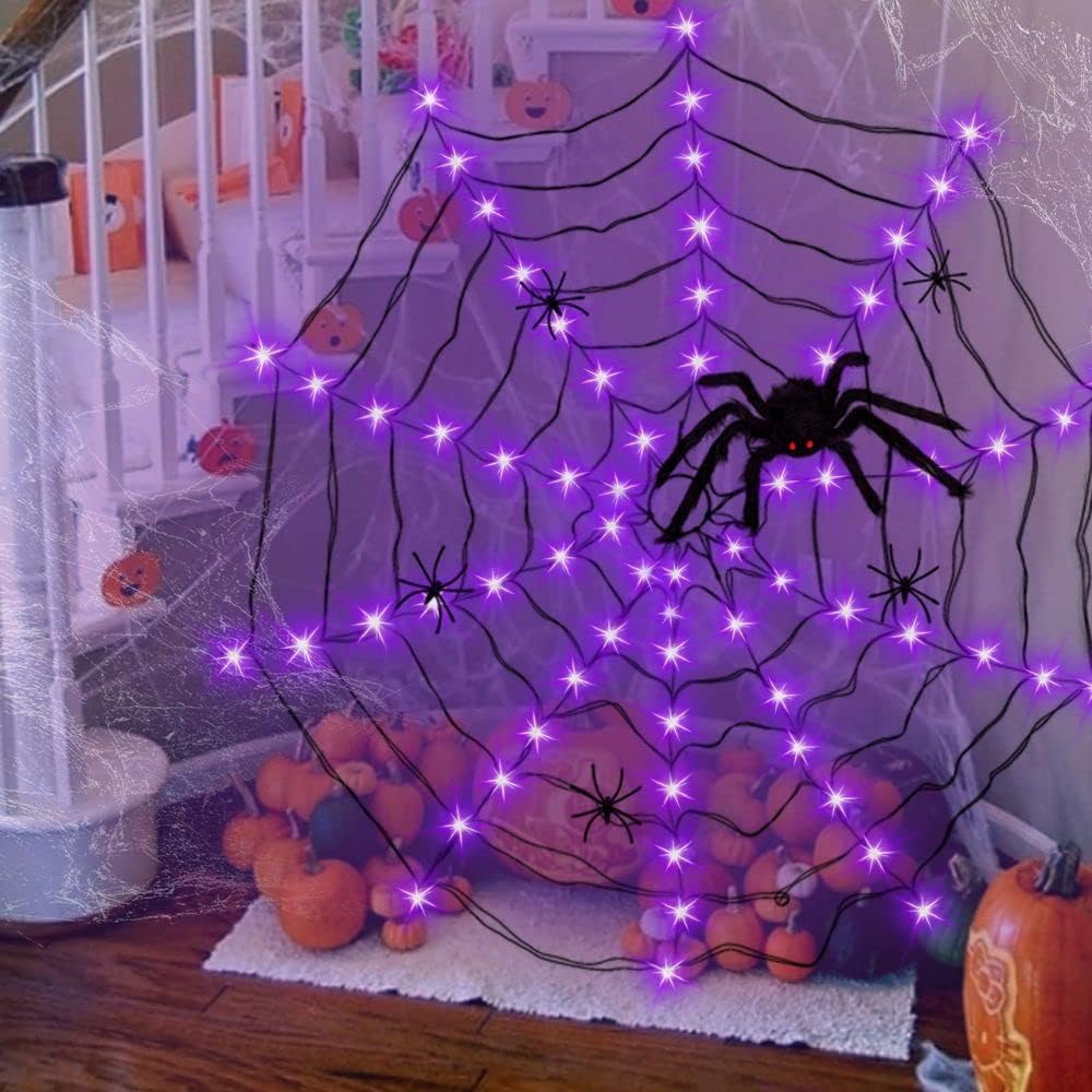GVANCA Luces de telaraña de Halloween Decrations, 70 luces LED de telaraña para decoración de Halloween en interiores y exteriores, impermeables,