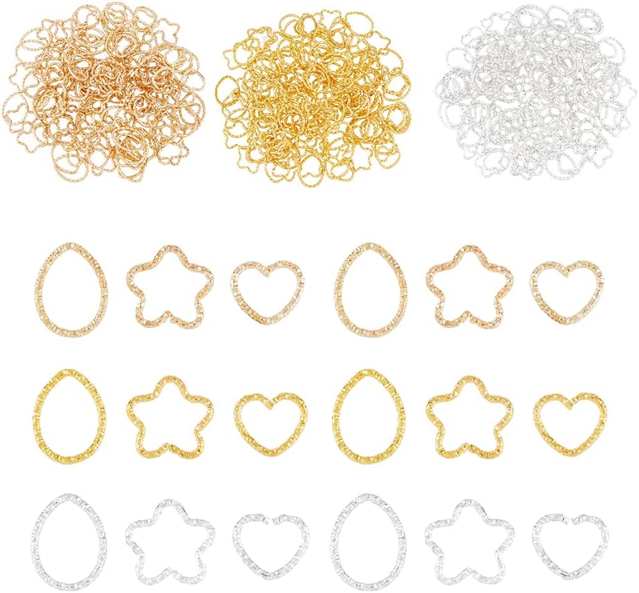 SUPERFINDINGS 450 piezas de 3 estilos de anillos de salto abiertos de 3 colores con forma de lágrima hueca estrella corazón marco conector metal