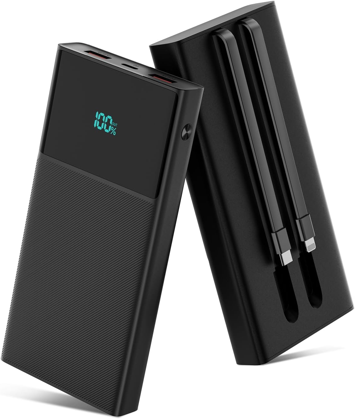 Cargador portátil con 2 cables integrados (USB-C e iOS), cargador de teléfono duradero de carga rápida PD de 13000 mAh con pantalla LED, cargador de