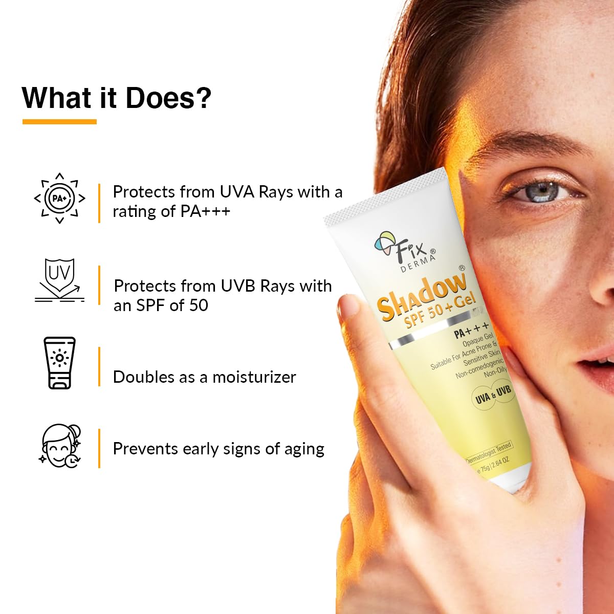 Fixderma Shadow SPF 50+ Gel, protector solar de dióxido de titanio y óxido de zinc  Protector solar para cara  Protector solar SPF 50 y protector