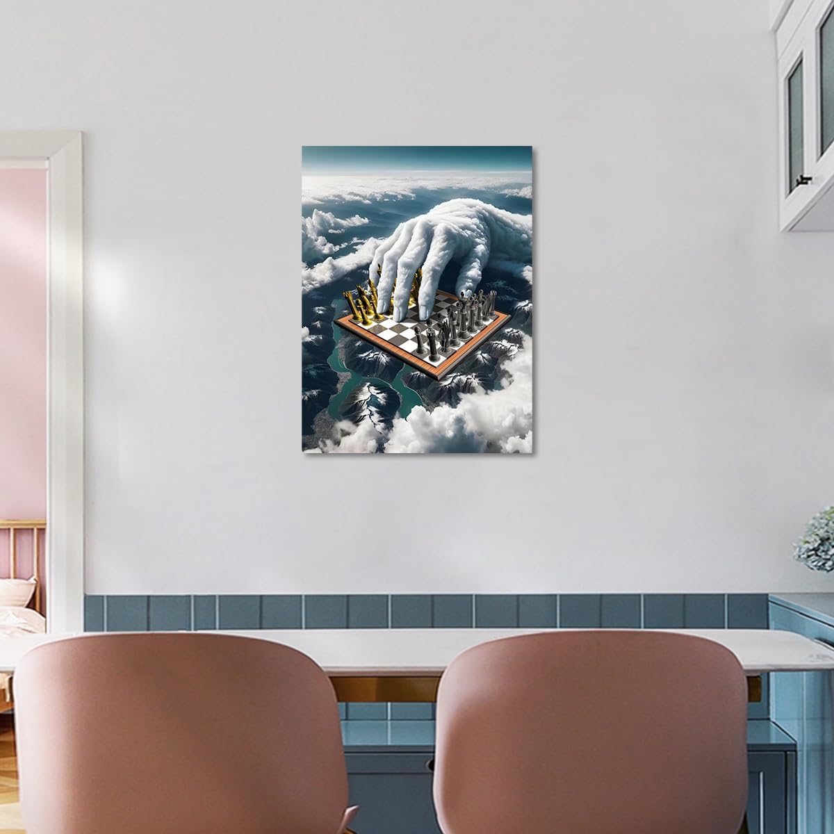 Kyiyhzp Arte de pared de ajedrez, nube blanca, paisaje de montaña, imagen creativa para decoración moderna y elegante del hogar, baño, dormitorio,