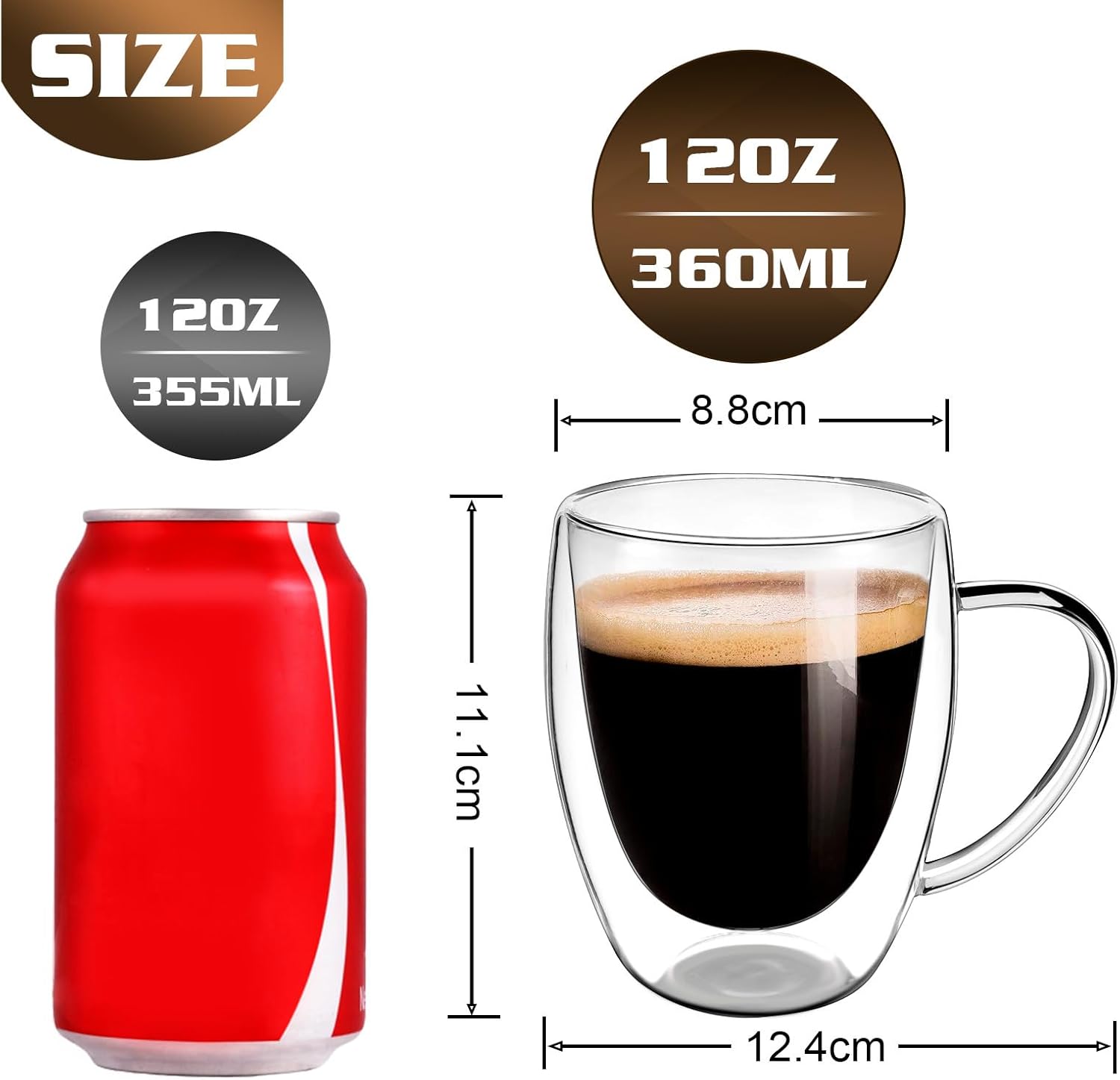 Juego de 2 tazas de café redondas con aislamiento de doble pared de vidrio transparente, tamaño mediano, 12 onzas, la mejor taza de café