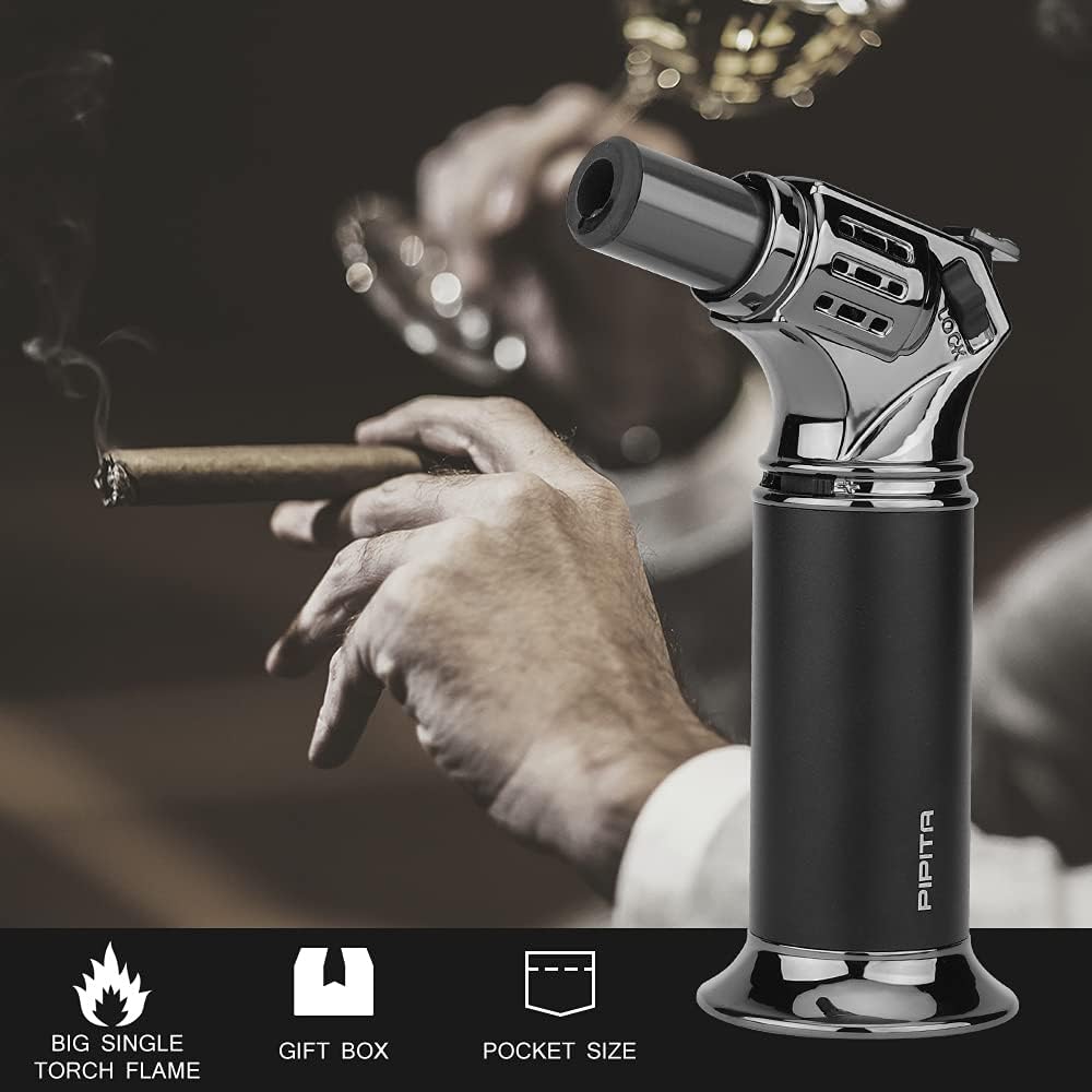 PIPITA – Encendedor de antorcha a prueba de viento, encendedor de puros, butano, ajustable, con una sola llama, recargable, bolsillo con caja de