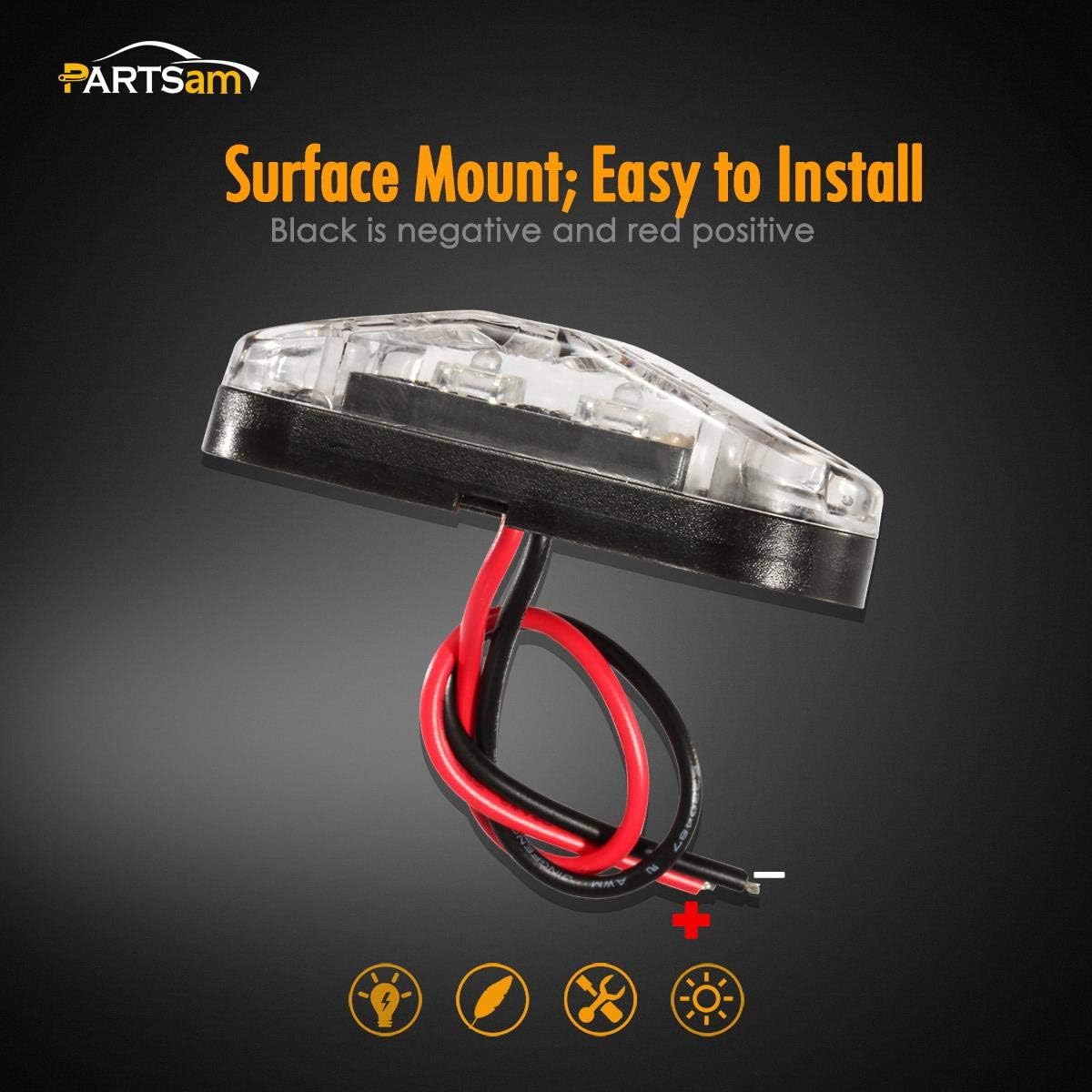Partsam 4 luces LED ovaladas de 2.5 pulgadas, color ámbar, luces laterales, 2 diodos, lente transparente, montaje en superficie, remolque, barco,