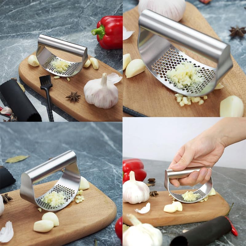 2024 New Stainless Steel Garlic Presser, Garlic Press Rocker Garlic Mincer Garlic Crusher with Peeler and Cleaning Brush, Garlic Chopper for Smash