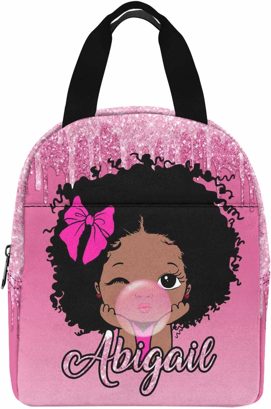 Lonchera con nombre personalizado para niños, color rosa degradado con patrón brillante, bolsa de almuerzo aislada reutilizable, bolsa de almuerzo