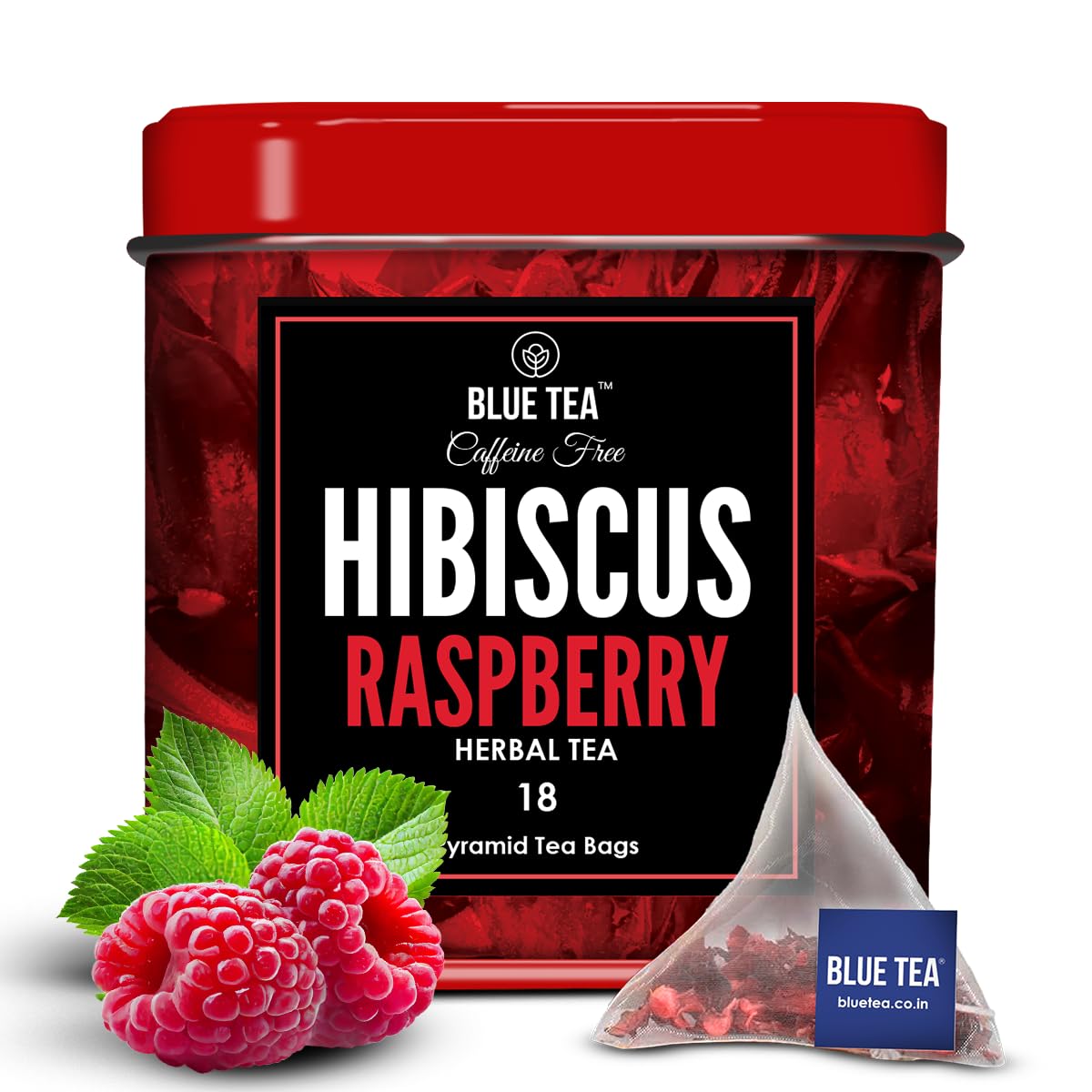 BLUE TEA – Té de hierbas de hibisco y frambuesa – 18 bolsas de té  Regalo del día de la madre  Vegano sin cafeína – Sin gluten – Sin OMG  Bolsa de