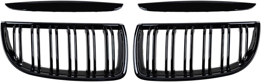 AMOPA CORP 2X – Rejilla de riñón para capó delantero, color negro brillante, doble línea, compatible con BMW E90 E91 Pre-Facelift