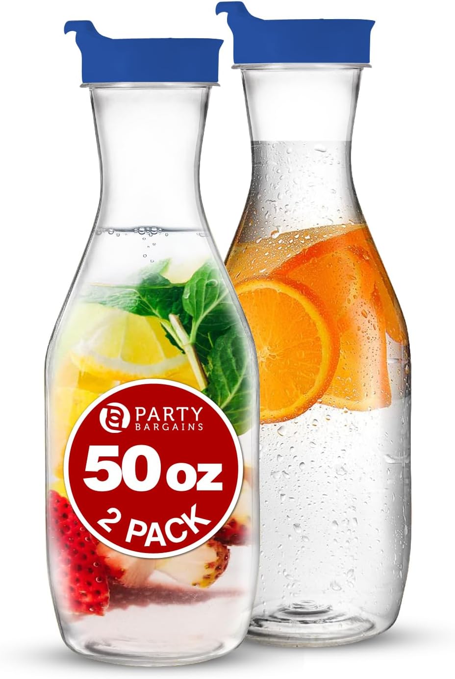 Party Bargains Jarra de plástico de 50 onzas con tapas, transparente, 2 unidades, tapa abatible azul, calidad prémium y jarra de plástico resistente