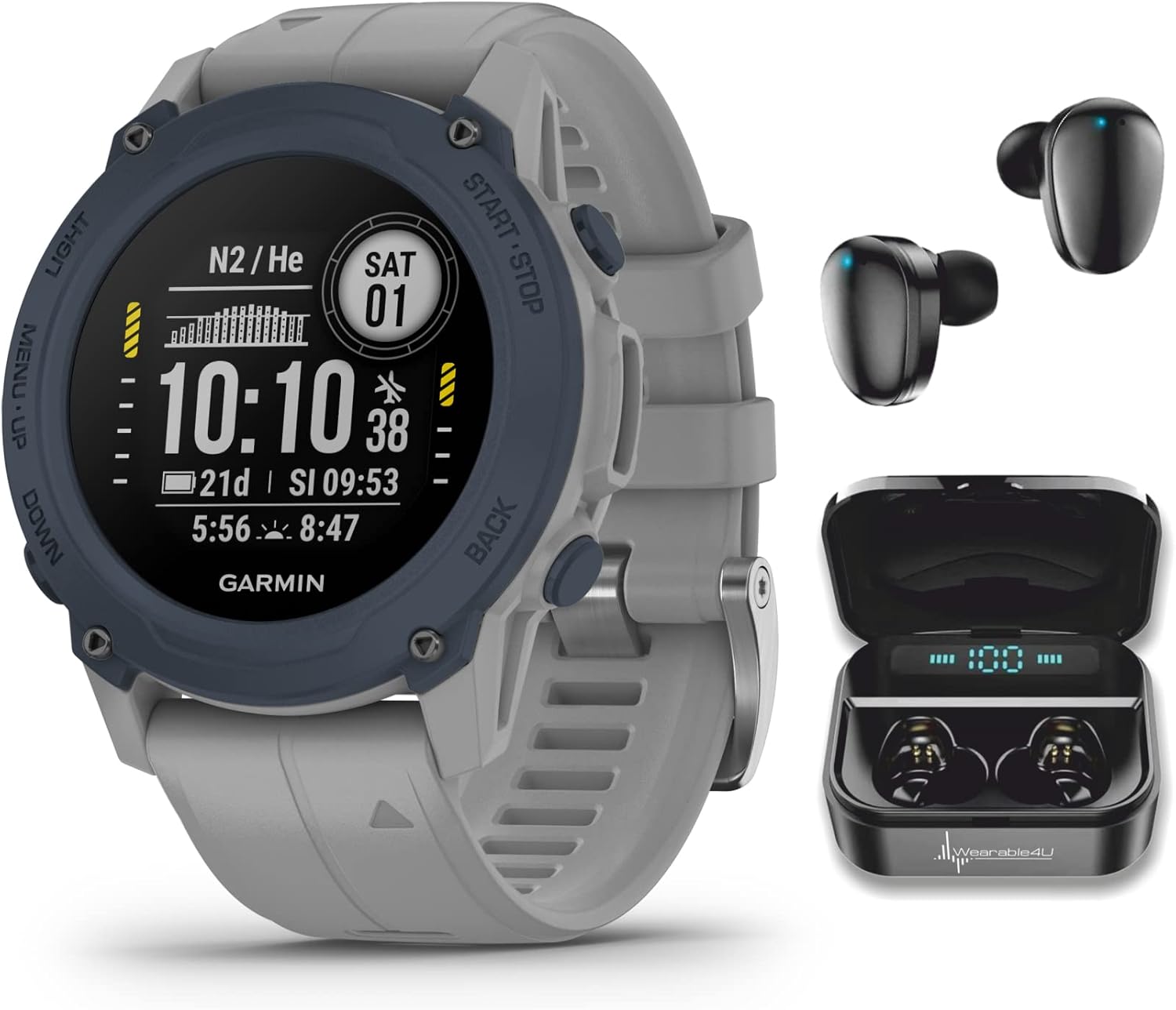 Garmin Descent G1 – Computadora de buceo resistente, múltiples modos de buceo con paquete Wearable4U (+auriculares negros, gris polvo)