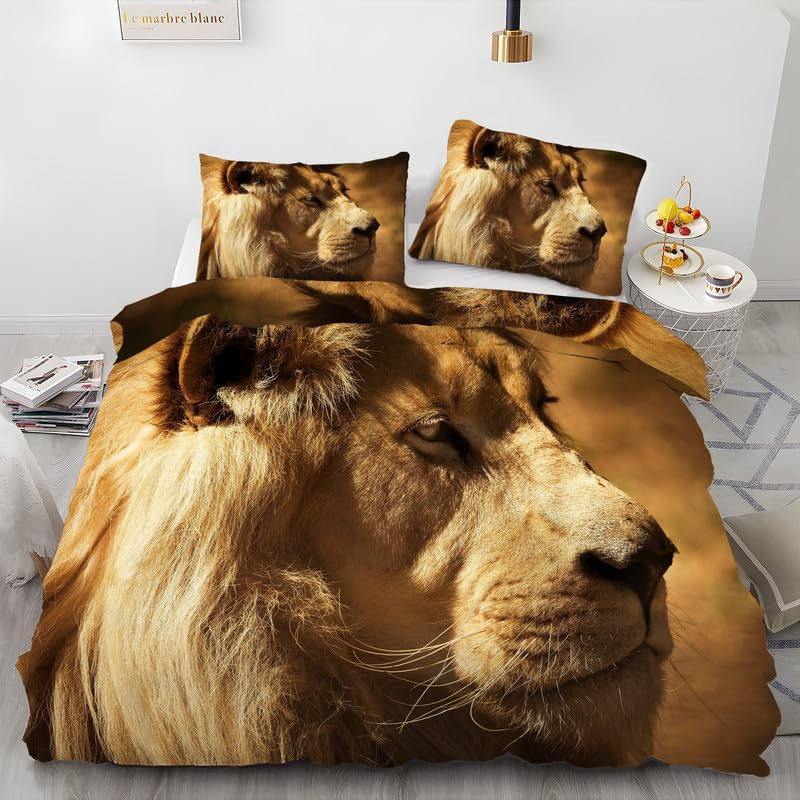Brown Lion Twin Duvet Cover Animal Print Twin Bedding Sets Soft Microfiber Comforter Cover and 2 Pillow Shams 20″X26″, Bed Set Duvet Covers with