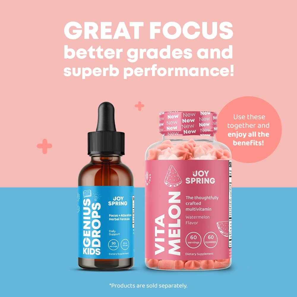 JoySpring Vitaminas Focus para niños mezcla de vitaminas orgánicas de B9, B12, zinc y vitamina C y suplementos de enfoque y atención para niños que