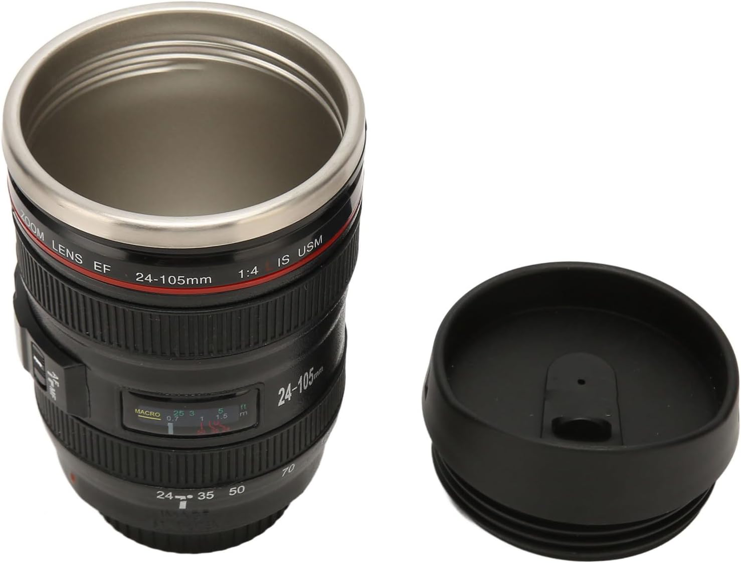Taza de café con lente de cámara, taza de café de acero inoxidable para fotógrafo, taza de café de viaje con tapa, forro interior de acero