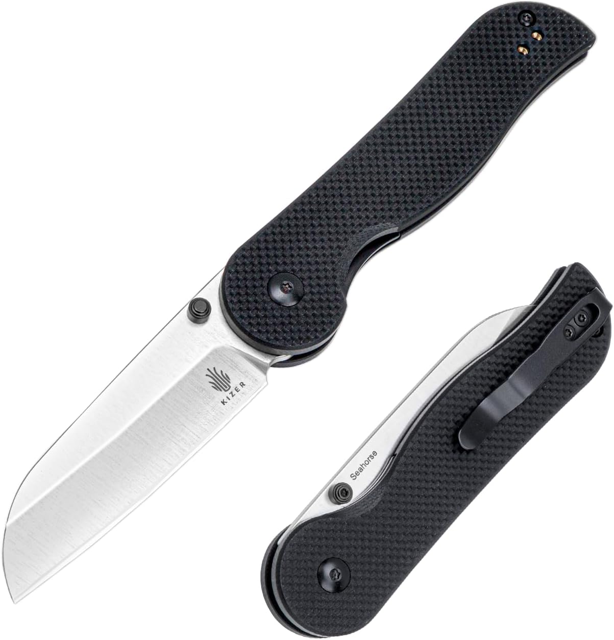 Kizer Cuchillo plegable de caballito de mar, hoja de acero 9Cr18MoV de 3.03 pulgadas, cuchillo de bolsillo negro G10 con abridor de perno de pulgar,