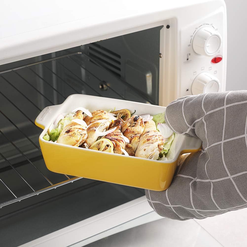 Sweejar Plato de cerámica para hornear, bandeja rectangular pequeña para hornear con asas dobles, 22 onzas para cocinar, brownie, cocina, 6.5 x 4.9