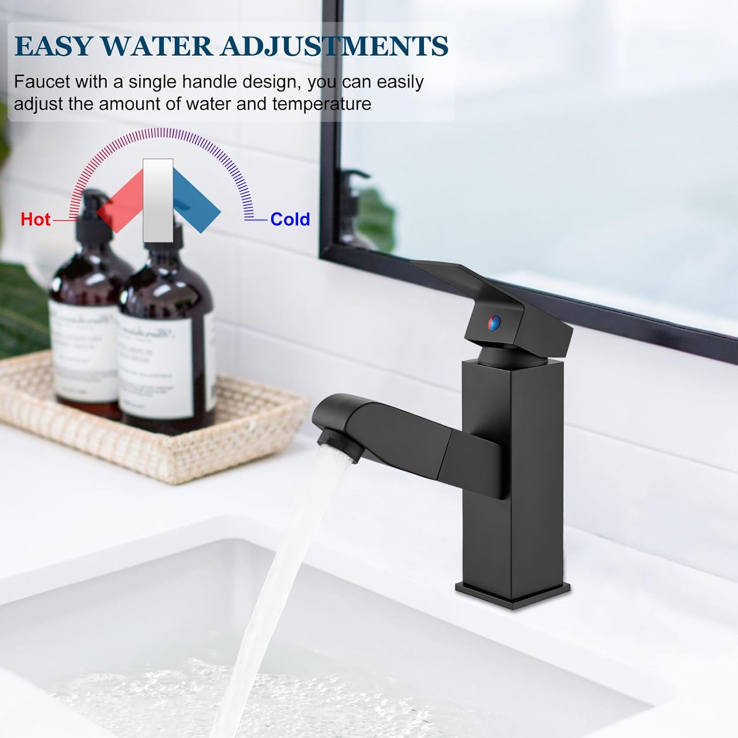 Grifo de lavabo de baño negro mate, rociador extraíble de un solo mango, un agujero, moderno lavabo de tocador de caravana, manguera de suministro