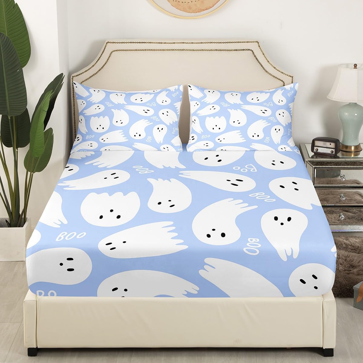 Juego de sábanas de Feliz Halloween, juego de sábanas con estampado de acuarela taro púrpura para niños, ultra suave, calavera, fantasma, juego de