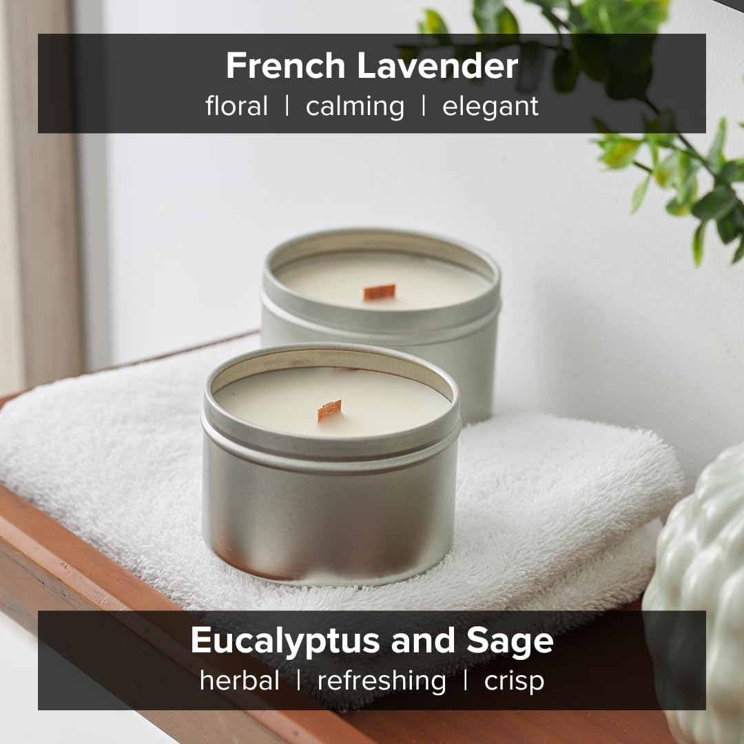 Simply Soson Velas de lata de eucalipto y salvia, lavanda, paquete de 2 velas de mecha de madera agrietada para el hogar, velas de aromaterapia para