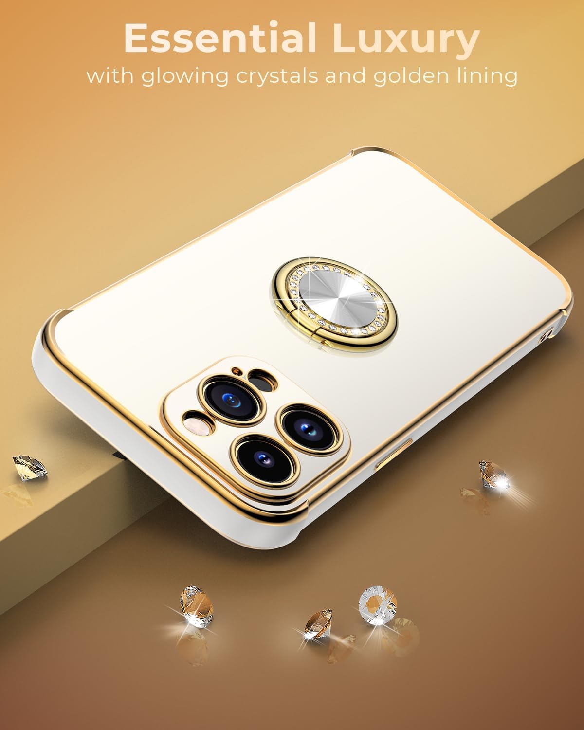 Miss Arts Funda diseñada para iPhone 15 Pro Max, soporte de anillo de lujo galvanizado con correa, bonito TPU suave diseñado para iPhone 15 Pro Max