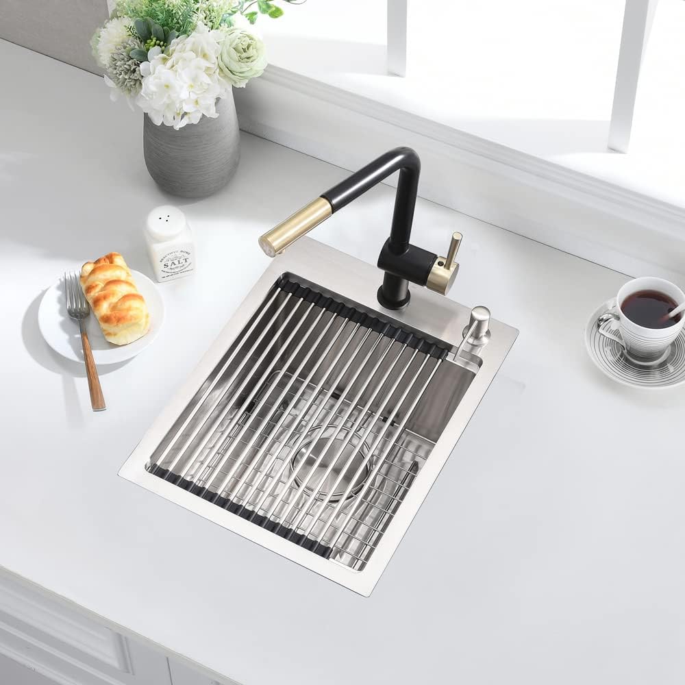 SOMRXO Fregadero de barra de acero inoxidable de 15 pulgadas x 20 pulgadas, fregadero de cocina de montaje superior de 15 x 20 pulgadas, fregadero
