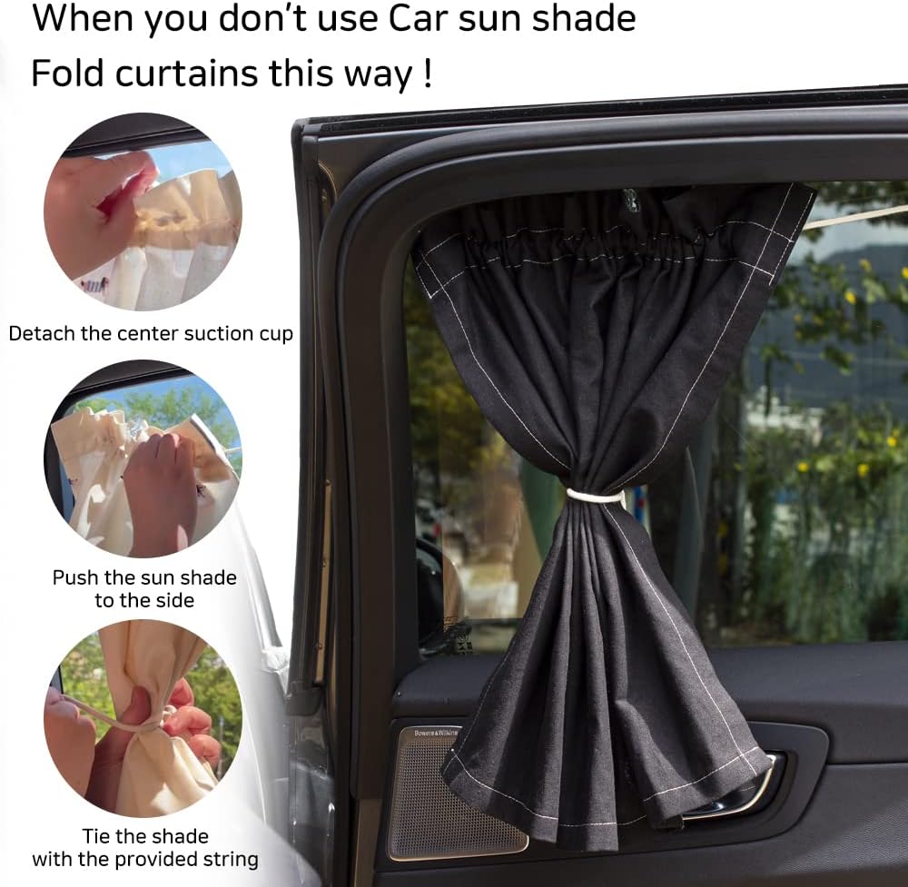 Parasol para ventana lateral de automóvil, con triple ventosa, lavables a máquina, con áglet de cuerda duradera, tela natural, fácil instalación