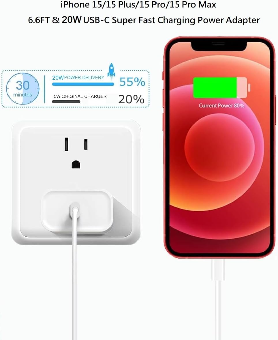 Cargador para iPhone 15 de carga rápida, bloque USB C de 20 W con cable tipo C de 6.6 pies para iPhone 1515 Plus15 Pro15 Pro Max, cargador para iPad
