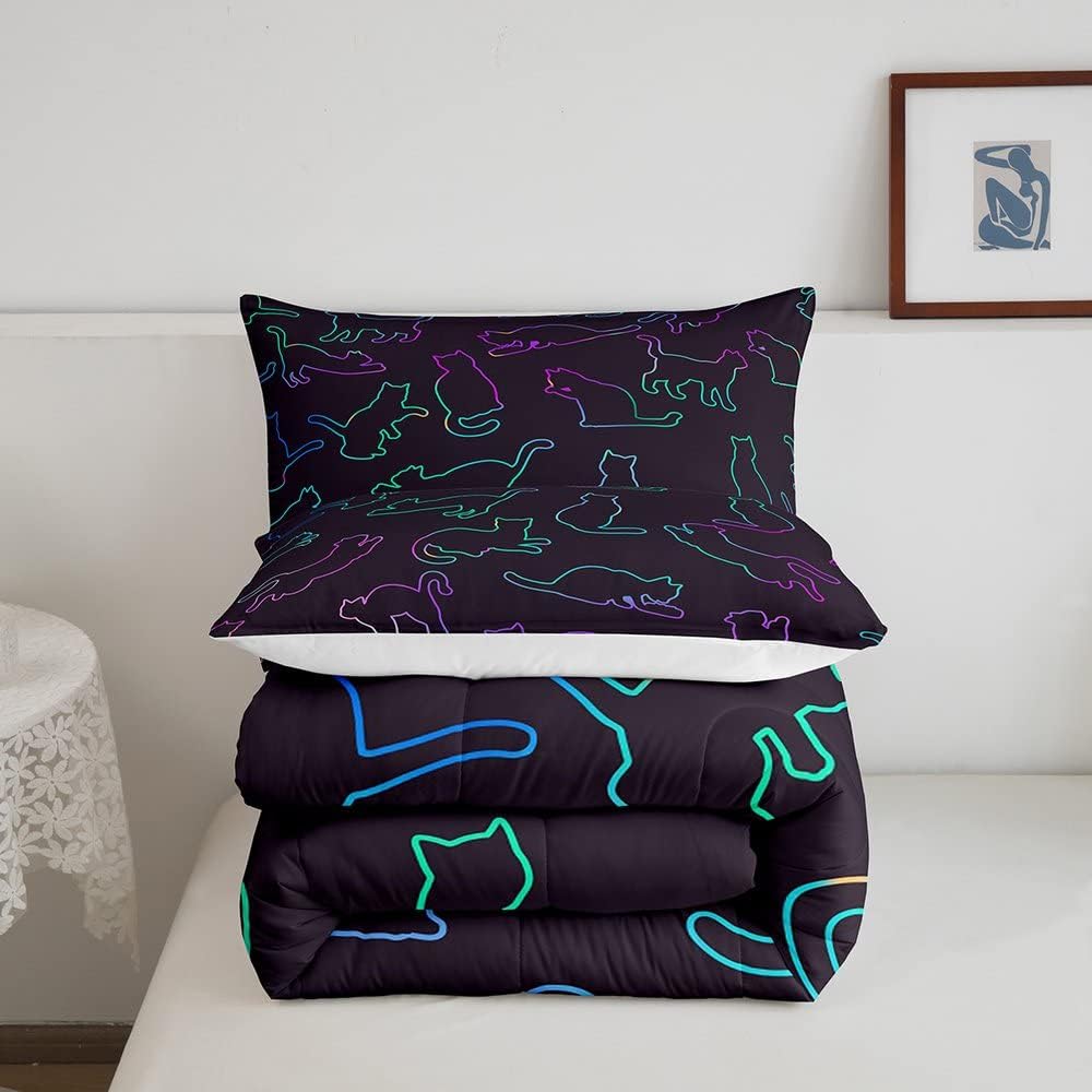 Erosebridal Juego de ropa de cama de animales tamaño matrimonial, juego de edredón de gato neón degradado, juegos de ropa de cama y colecciones de