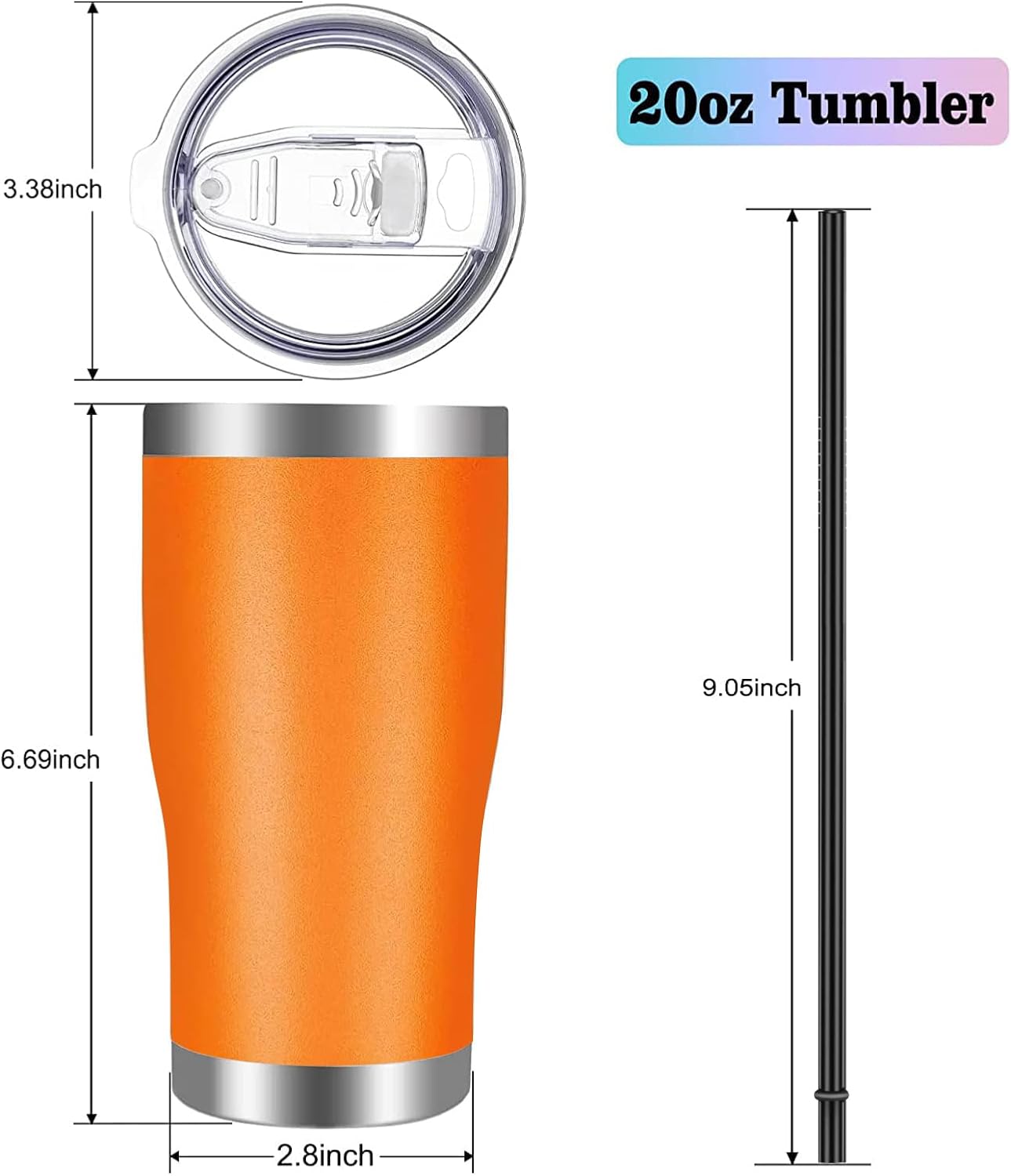 VEGOND Vaso de acero inoxidable de 20 onzas con tapa y popote aislado al vacío, taza de café de viaje de doble pared (paquete 12 naranja)