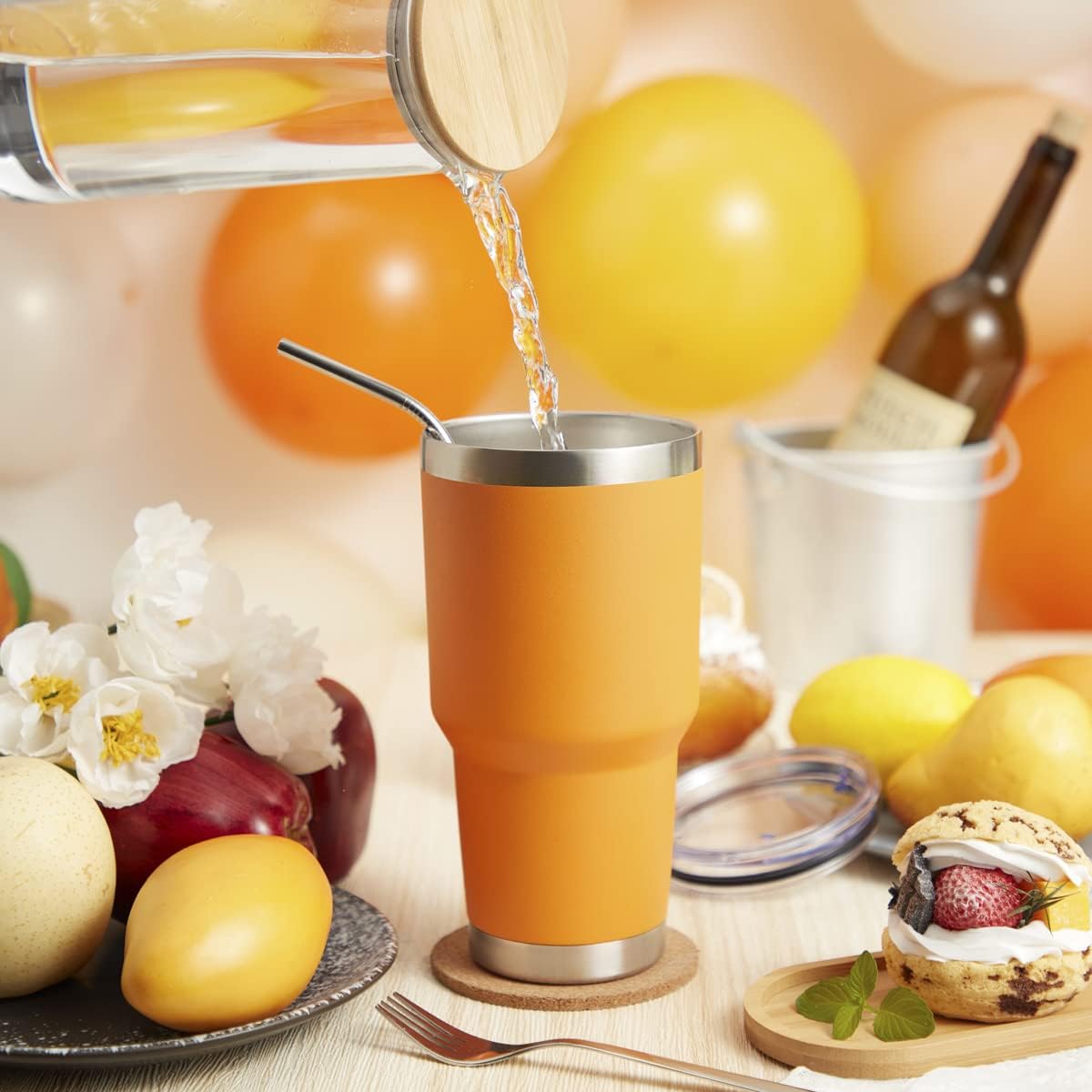 MEWAY Vaso aislado de 30 onzas con tapas y popotes, vaso de café de acero inoxidable con doble vacío, cepillo, taza de café duradera con