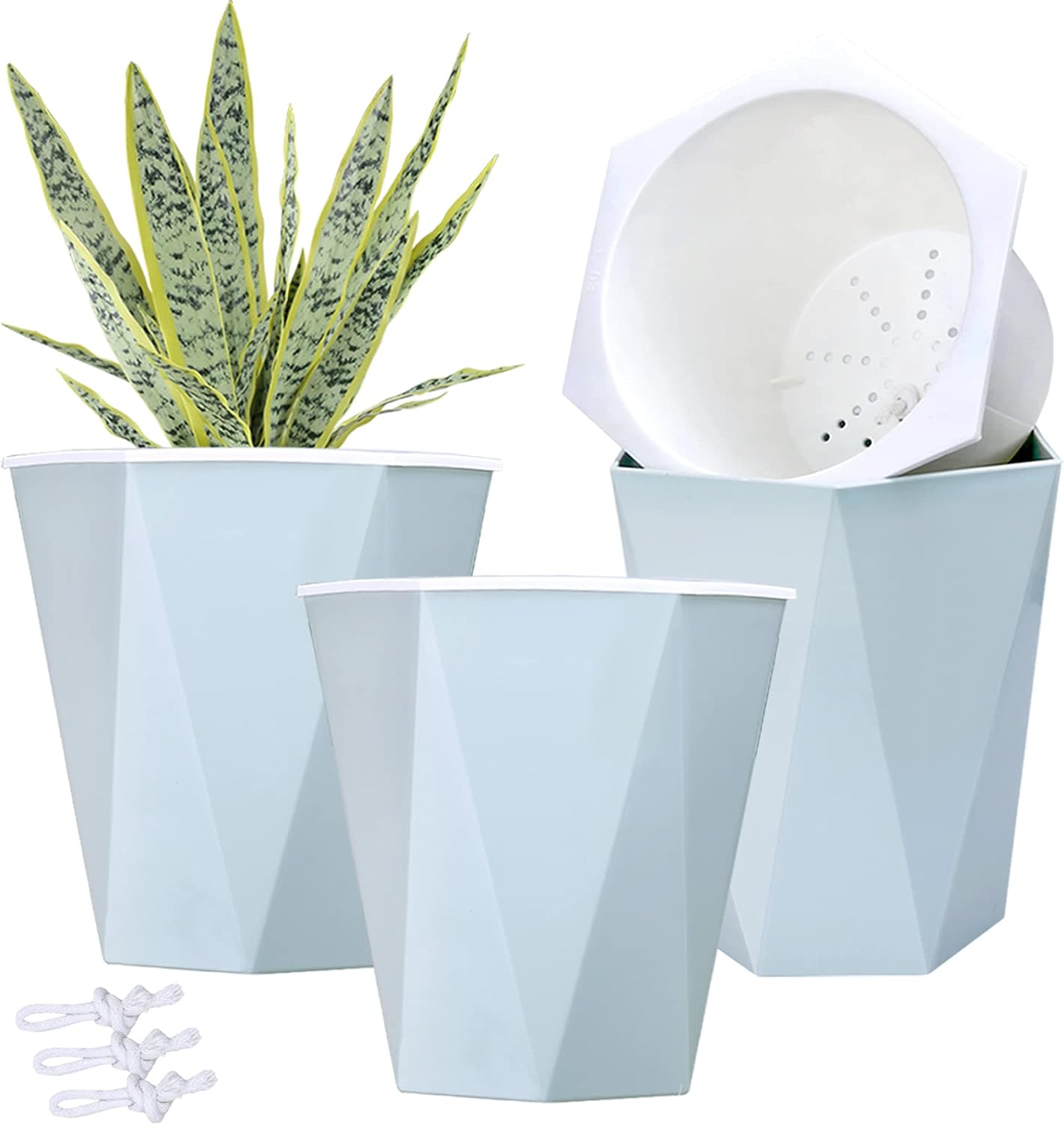 3 macetas de riego automático de 7.8 pulgadas, macetas de interior, macetas de jardín, macetas modernas azules para orquídeas, hierbas, violeta