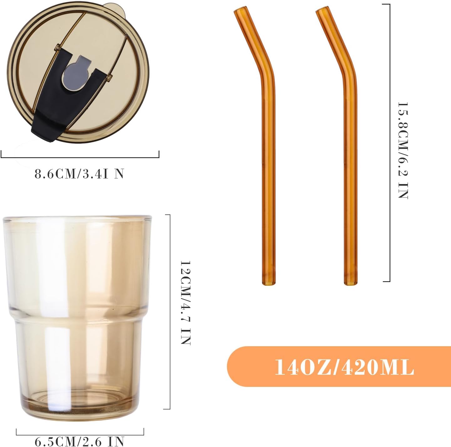 Puraville Paquete de 2 tazas de café helado de 14 oz14.2 fl oz con tapas y pajitas, vasos de vidrio de pared gruesa para café con mangas aisladas,