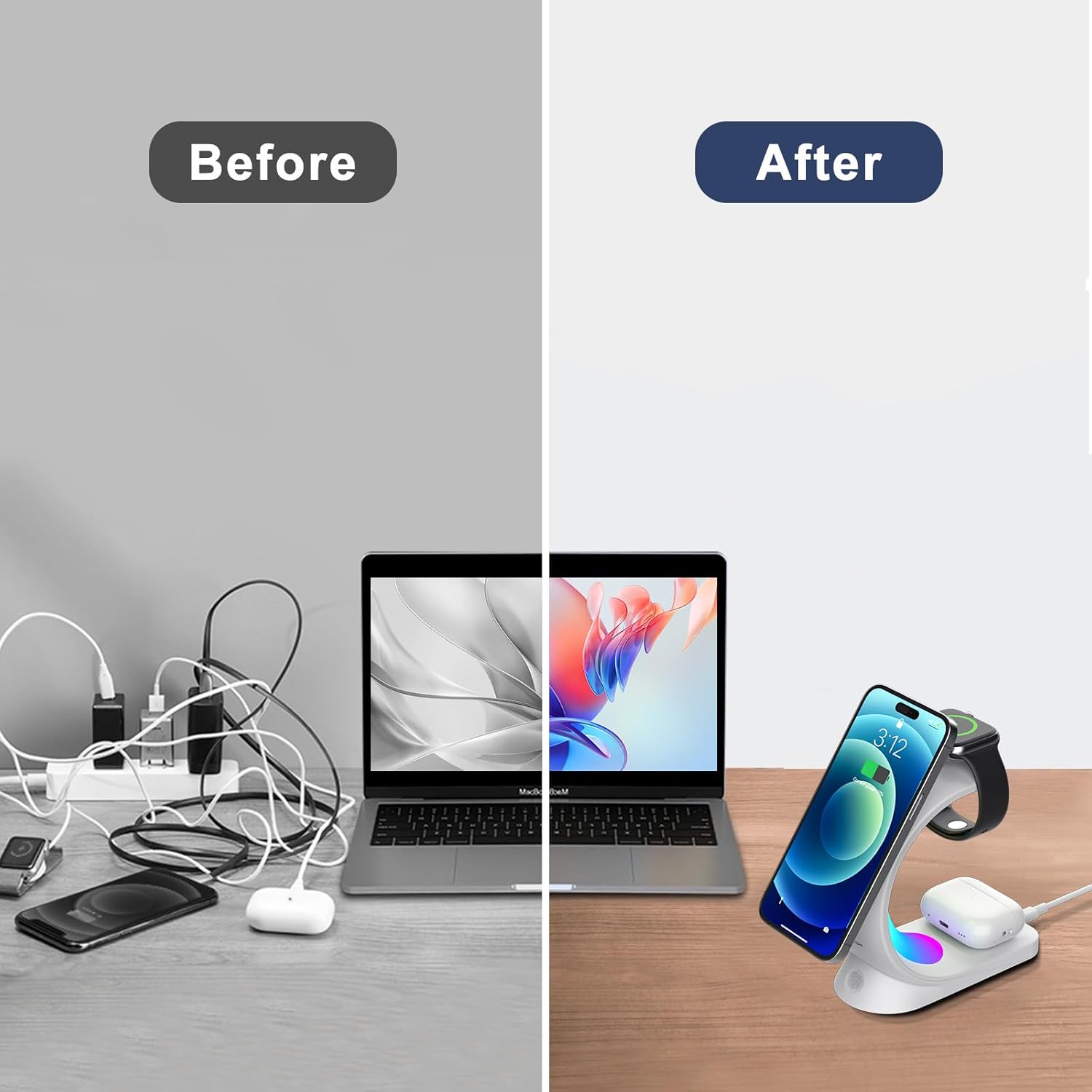 Cargador inalámbrico 3 en 1, con 6 modos de luz colorida para soporte de escritorio, estación de carga inalámbrica MagSafe rápida para iPhone 15 14