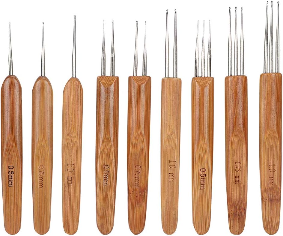 Juego de 9 ganchos de ganchillo para rastas, gancho de ganchillo de acero, mango de bambú para herramienta de tejido de cabello trenzado, artesanía