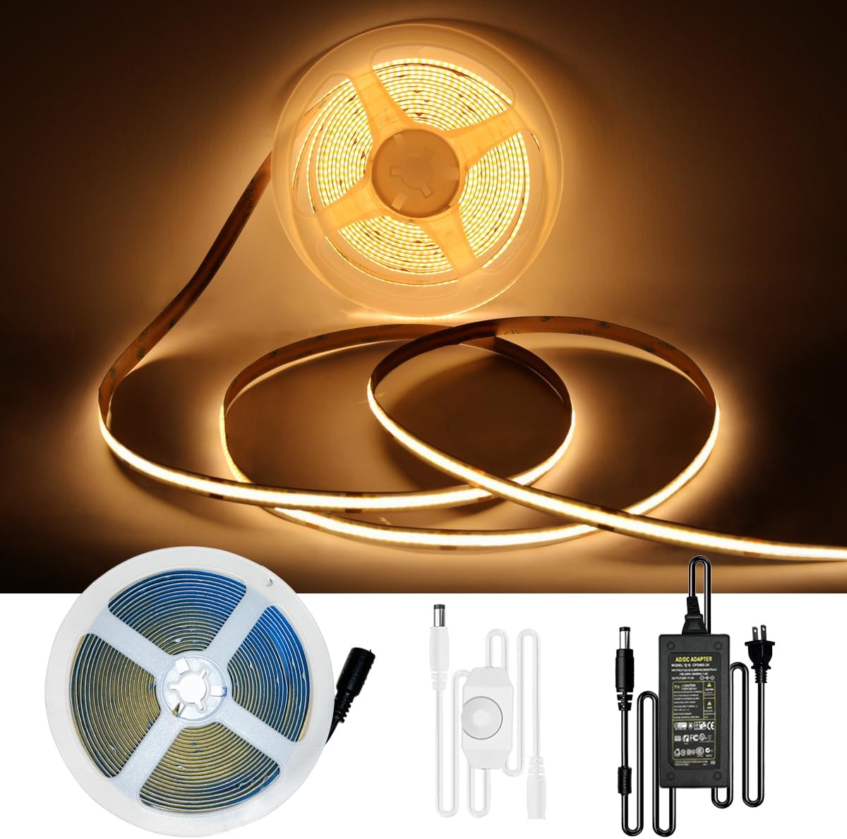 COB – Tira LED regulable de 16.4 pies, luz blanca cálida regulable de 3000 K, blanco cálido brillante, CC 24 V, 1600 LED, CRI90, luces LED flexibles