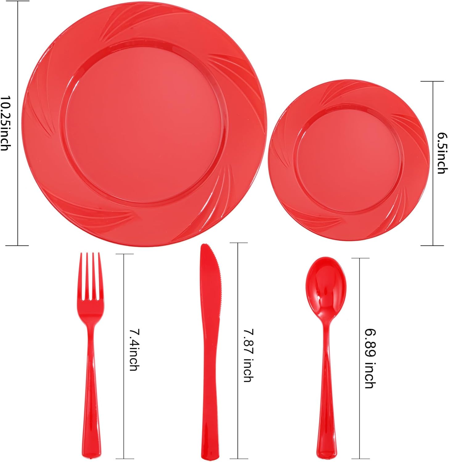 YOUBET 125 platos de plástico rojo, cubiertos de plástico rojo, platos rojos resistentes, desechables, incluye 25 platos llanos, 25 platos de