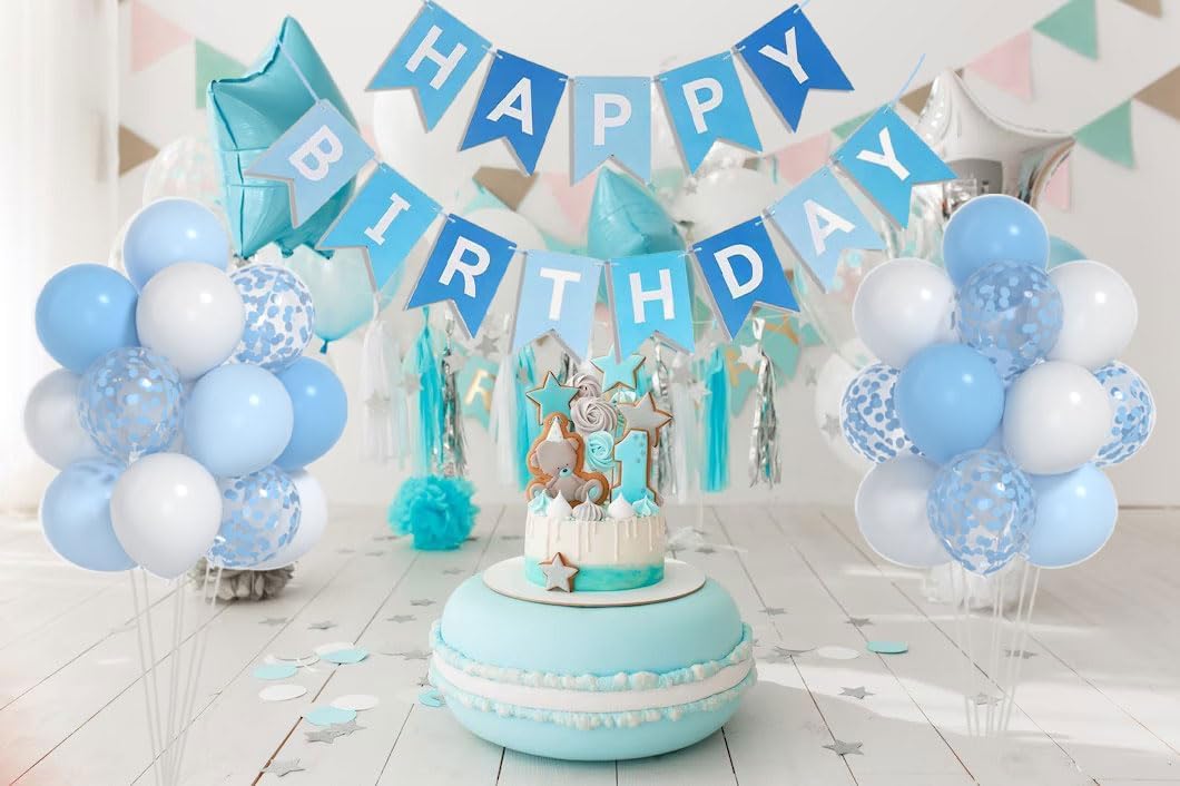 Globos de color azul y blanco bebé y 1 globo de 40 pulgadas, decoraciones de primer cumpleaños para niño con globos de confeti azul y blanco,