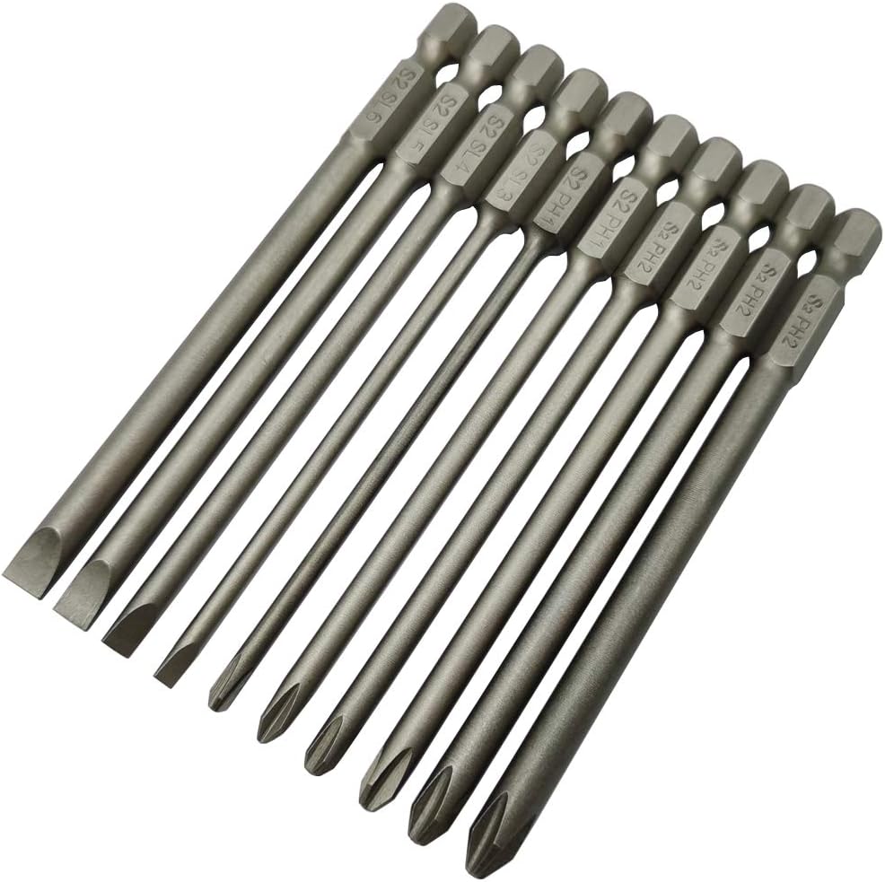 Juego de puntas de destornillador Phillips de cabeza ranurada larga y cruz con vástago hexagonal de 14 de pulgada de longitud, 4 piezas de cabeza