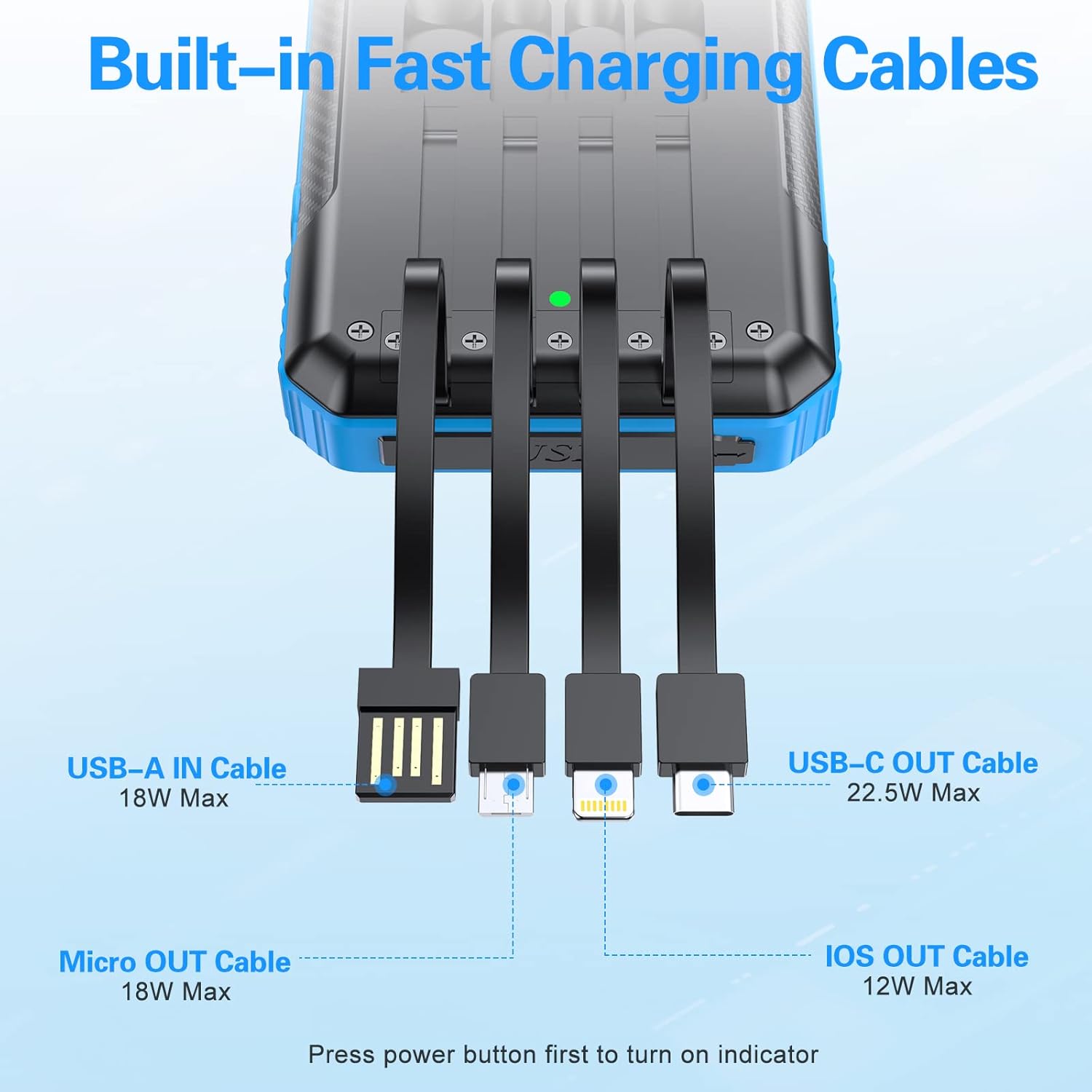 Banco de energía solar cargador inalámbrico 33800mAh integrado 4 cables y luces LED de campamento 22.5 W carga rápida banco de energía 7 salidas 4